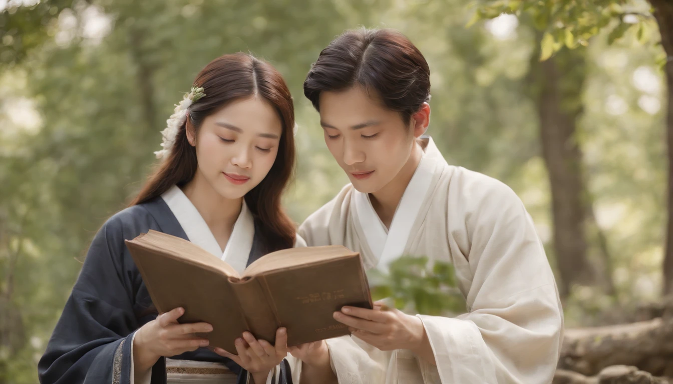 (Best Quality,Ultra-detailed,realisitic:1.37),portrait of a,Korean men and women reading the Bible,Oil Painting,Traditional Korean Costume,Peaceful garden scene,Soft sunlight,tranquil expression,wisdom,Bible Quotes,vibrant colours,delicate brushwork,subtle textures,lush greenery,Contemplative atmosphere,Beautiful picture book,Highlighted features:Eyes in focus,gentle smiling,Graceful posture,Sunlight shining through the trees,rays,Quiet surroundings,serene ambiance,A Blessed Moment