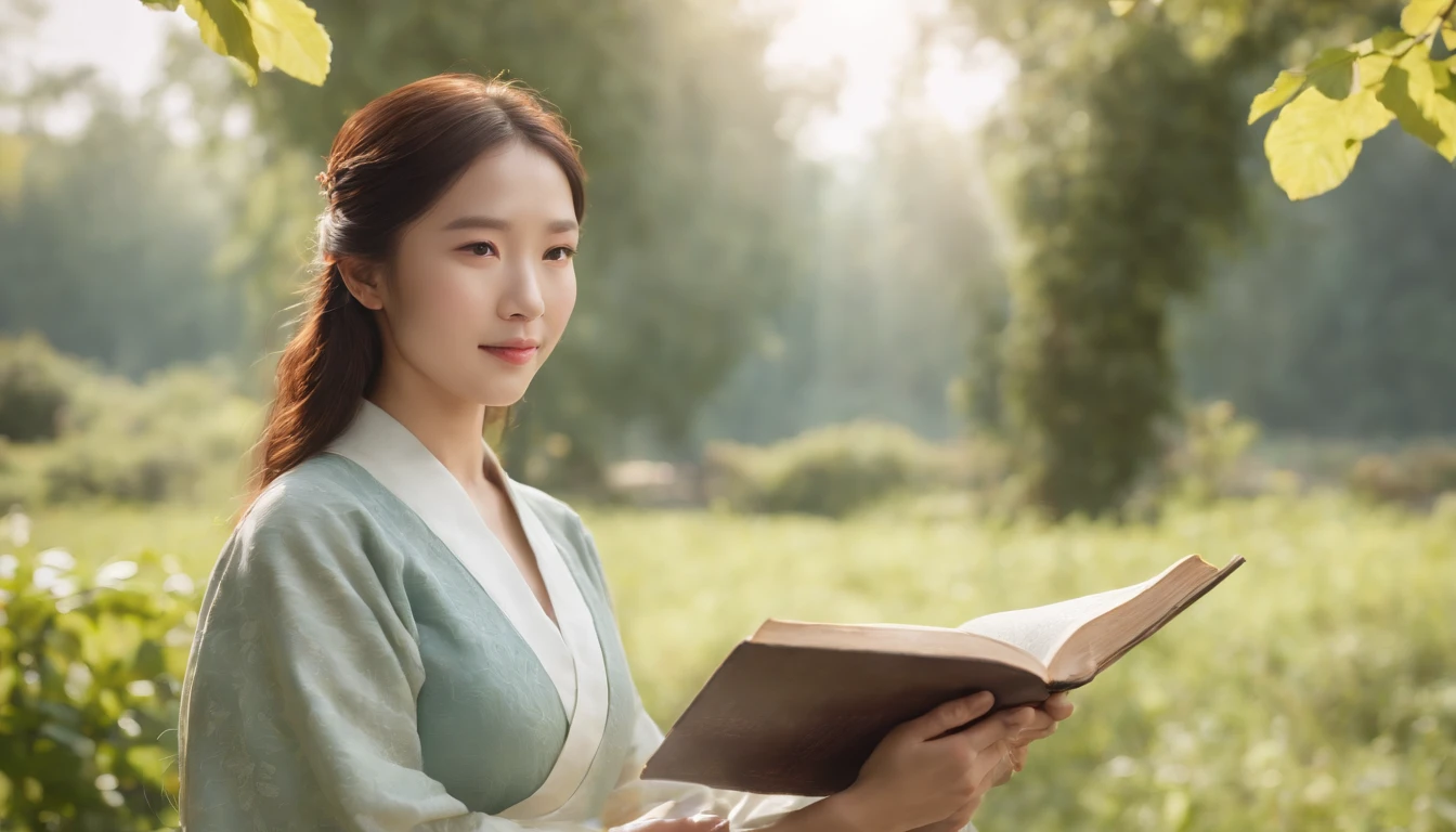 (Best Quality,Ultra-detailed,realisitic:1.37),portrait of a,Korean men and women reading the Bible,Oil Painting,Traditional Korean Costume,Peaceful garden scene,Soft sunlight,tranquil expression,wisdom,Bible Quotes,vibrant colours,delicate brushwork,subtle textures,lush greenery,Contemplative atmosphere,Beautiful picture book,Highlighted features:Eyes in focus,gentle smiling,Graceful posture,Sunlight shining through the trees,rays,Quiet surroundings,serene ambiance,A Blessed Moment