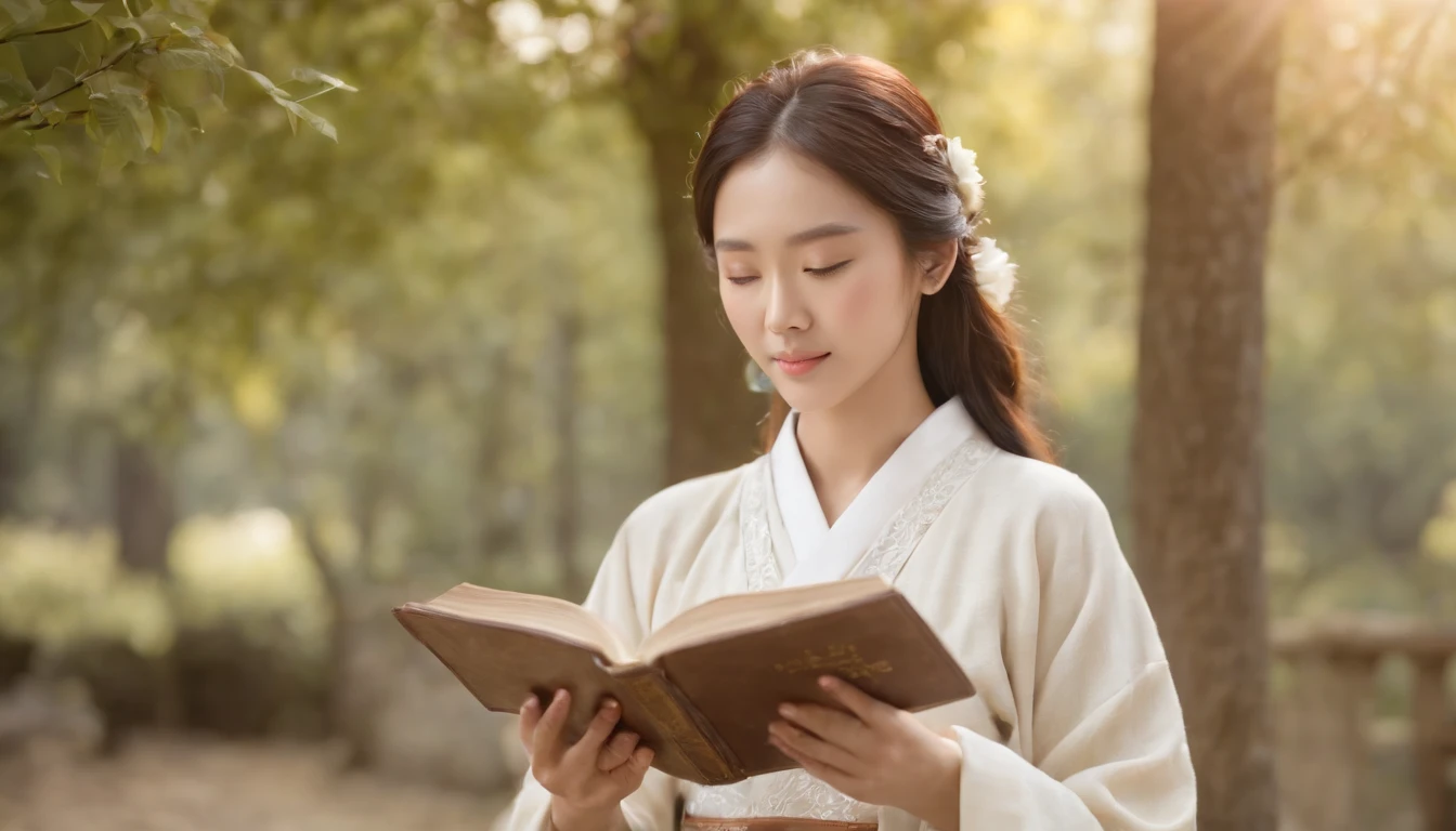 (Best Quality,Ultra-detailed,realisitic:1.37),portrait of a,Korean men and women reading the Bible,Oil Painting,Traditional Korean Costume,Peaceful garden scene,Soft sunlight,tranquil expression,wisdom,Bible Quotes,vibrant colours,delicate brushwork,subtle textures,lush greenery,Contemplative atmosphere,Beautiful picture book,Highlighted features:Eyes in focus,gentle smiling,Graceful posture,Sunlight shining through the trees,rays,Quiet surroundings,serene ambiance,A Blessed Moment