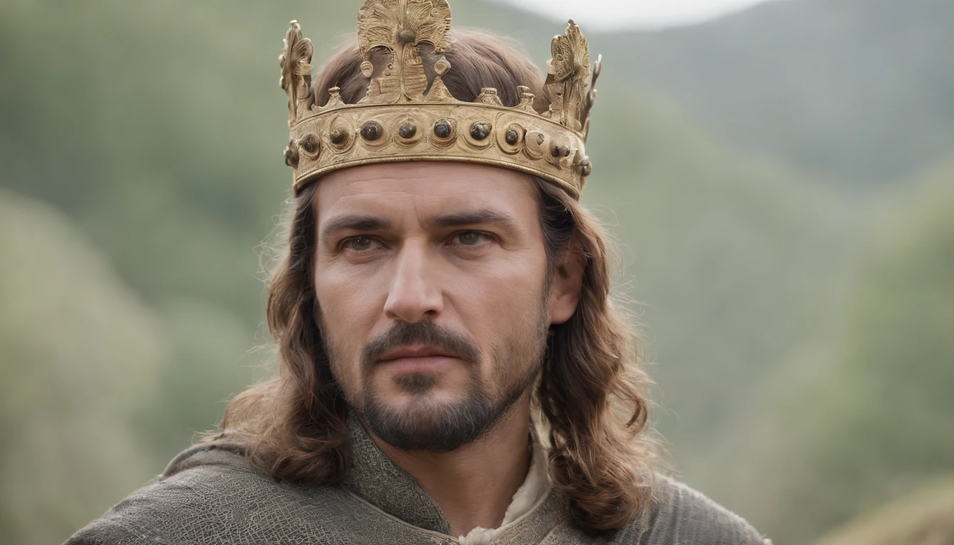 A king with an expression of fury, ele tem cabelos e barbas castanhos. aparenta ter 50 anos. veste de rei. ambiente medieval. Phoco from the waist up. cinematic picture.