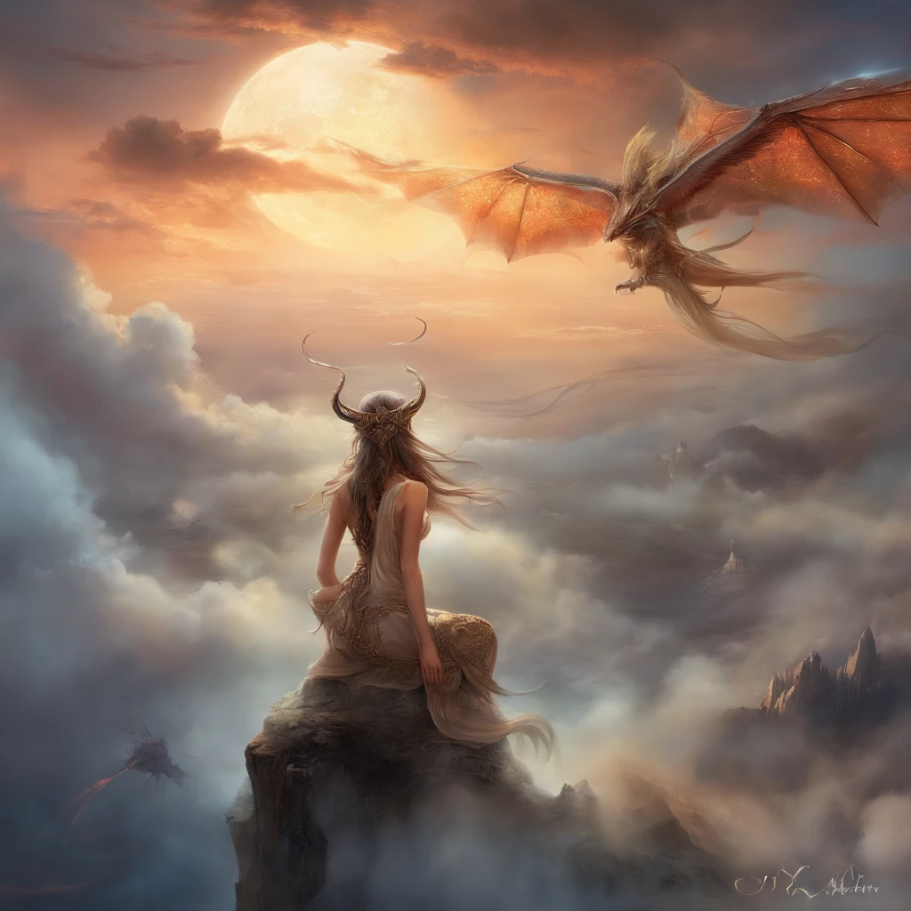 ((best quality)), ((masterpiece)), (detailed), alluring succubus, ethereal beauty, perched on a cloud, (fantasy illustration:1.3), enchanting gaze, captivating pose, delicate wings, otherworldly charm, mystical sky, (Luis Royo:1.2), (Yoshitaka Amano:1.1), moonlit night, soft colors, (detailed cloudscape:1.3), (high-resolution:1.2)