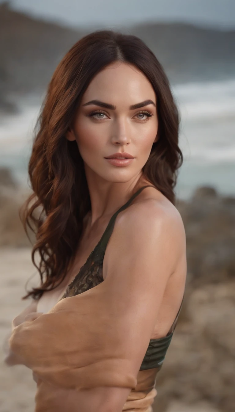 megan fox as one piece nami, studio quality full body photo, sweet smile, muscular, Realistic Shooting Scene, 8k, ultra realistic, 3d rendering