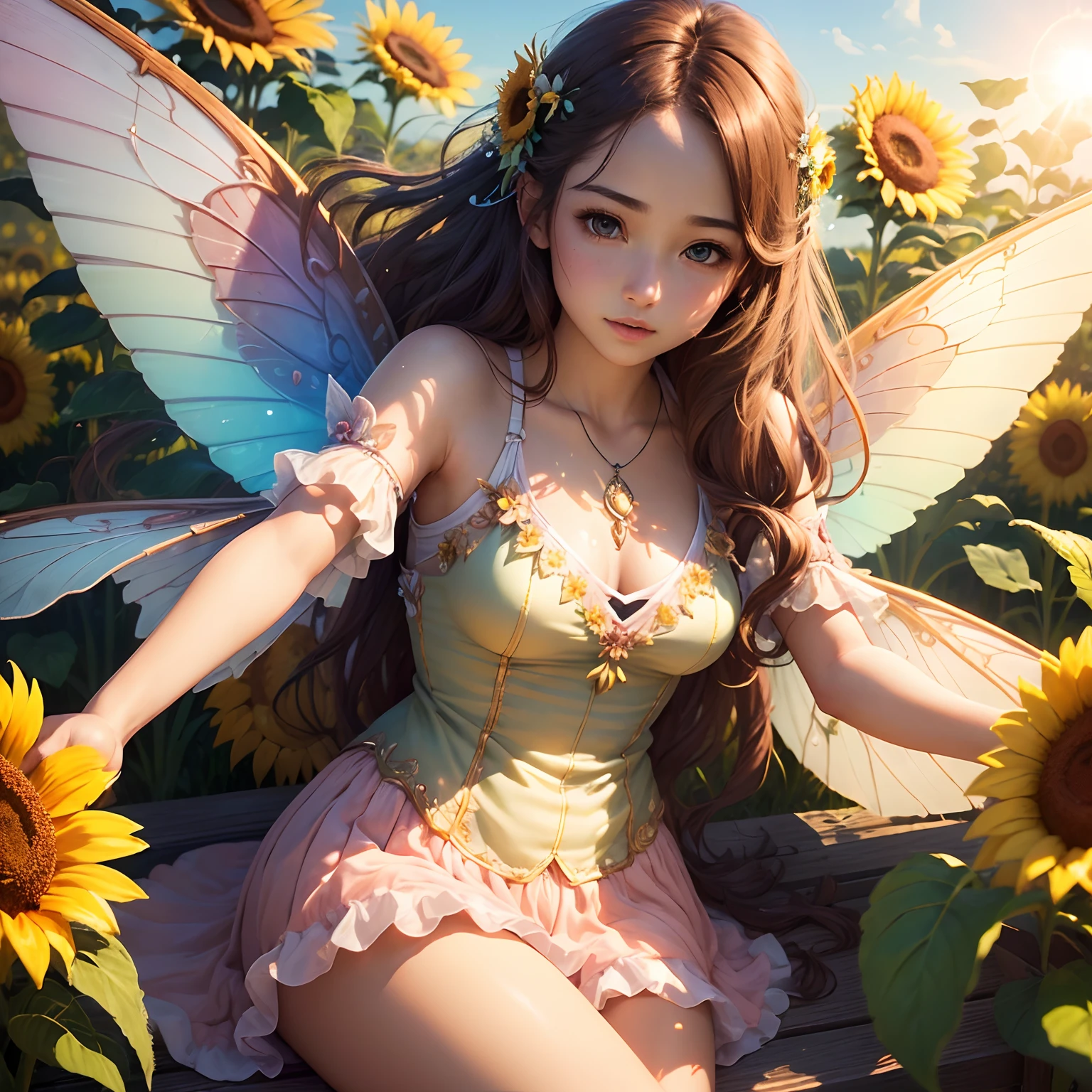 (Best Quality,Ultra-detailed,Realistic:1.37)、Summer Fairy、An 18-year-old woman、Summer personification、Fairy with wings、Brown-skinned、Clothes with sunflower motifs、The Bright Sun、Summer scene、Full body