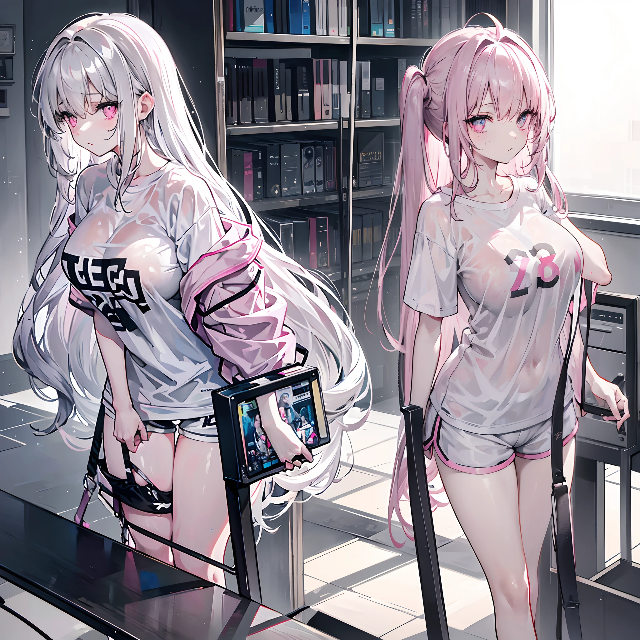 Long pale gray hair scattered,Hair is slightly curled,Pink eyes,Loving pupils,girl,huge tit,White sports shorts,white short sleeve,Clothes drenched in sweat,Stand a word horse,