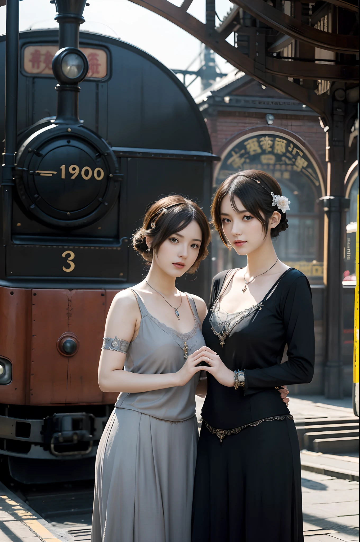 There is a train traveling along the tracks in the dark, gothic locomotive, Victorian artistic fantasy, bussiere rutkowski andreas rocha, director: Alexander Kobuzdei, steampunk concept art, detailed game art illustration, inspired victorian sci - fi, photorealistic dark concept art, eerie nostalgic concept art, director: Ludwik Konarzewski Jr,Masterpiece,Perfect drawing,Two beautiful girls, Lovers, Lesbians,(At the railway station in Shanghai in the 1920s,Vintage train background:1.6),(geisha hairstyle,Geisha hairpins:1.6,Geisha hair ornaments,armlets, bangle:1.3)