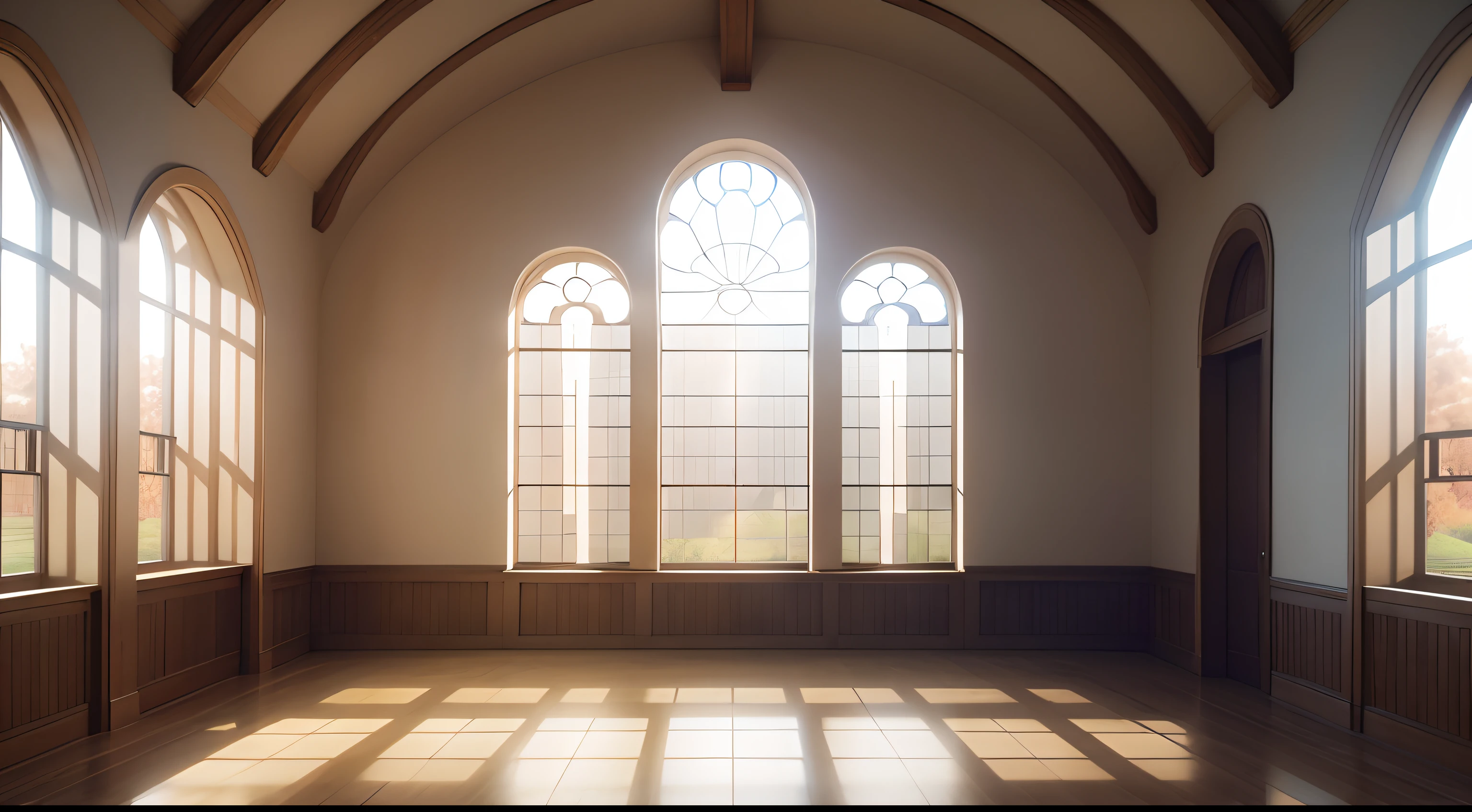 There is a large room with a lot of windows and a lot of light,white walls、Brown floor、 Many large windows, large glass windows, Large windows, Realistic Window, sunlight streaming through window, Sunlit windows, 80s interior with arched windows, detailed archviz render, White Sweep Arch, Wide open windows, Sunlight streaming through the window, Lots of windows, Natural window lighting, Large window