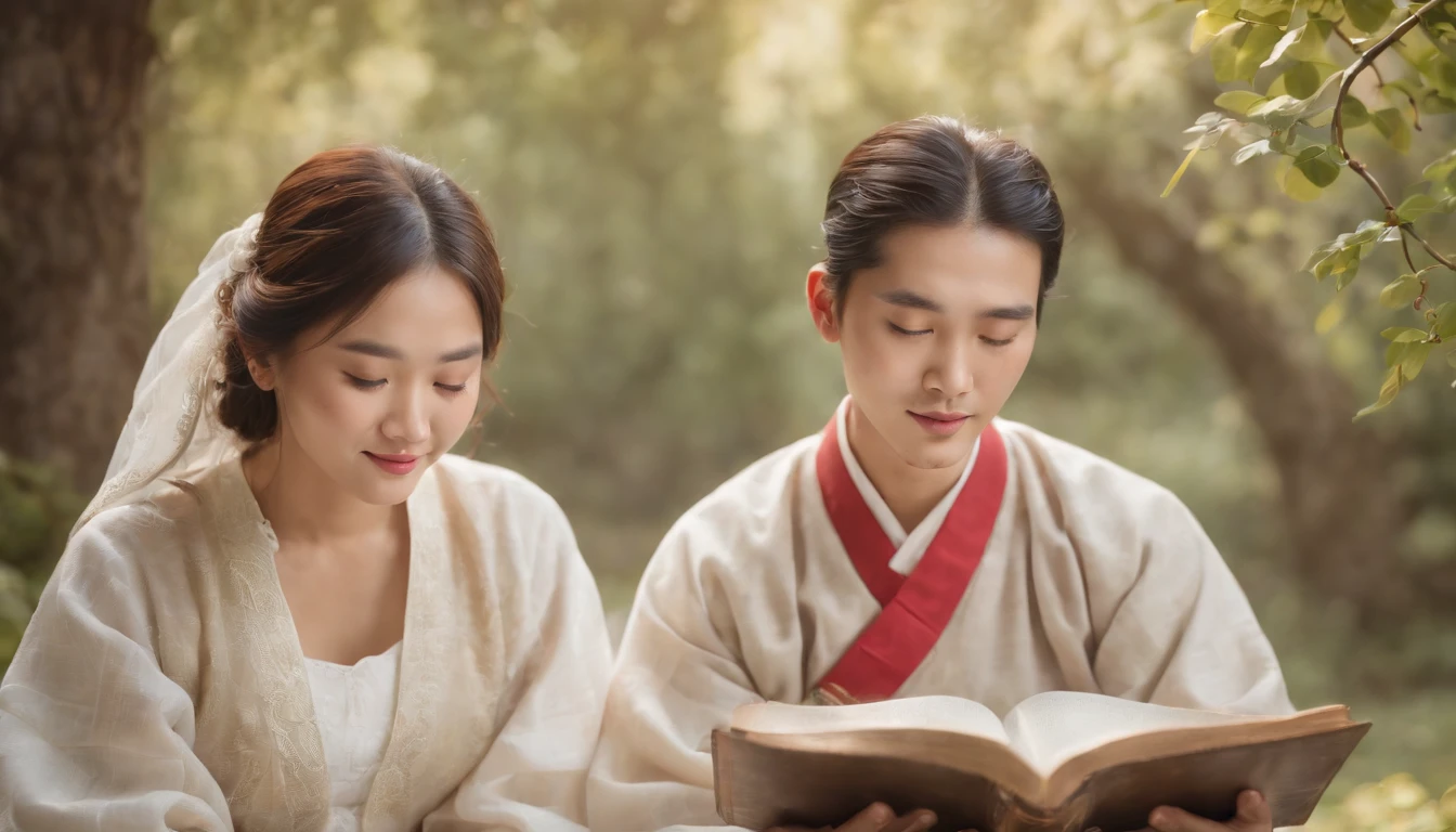 (Best Quality,Ultra-detailed,realisitic:1.37),portrait of a,Korean men and women reading the Bible,Oil Painting,Traditional Korean Costume,Peaceful garden scene,Soft sunlight,tranquil expression,wisdom,Bible Quotes,vibrant colours,delicate brushwork,subtle textures,lush greenery,Contemplative atmosphere,Beautiful picture book,Highlighted features:Eyes in focus,gentle smiling,Graceful posture,Sunlight shining through the trees,rays,Quiet surroundings,serene ambiance,A Blessed Moment