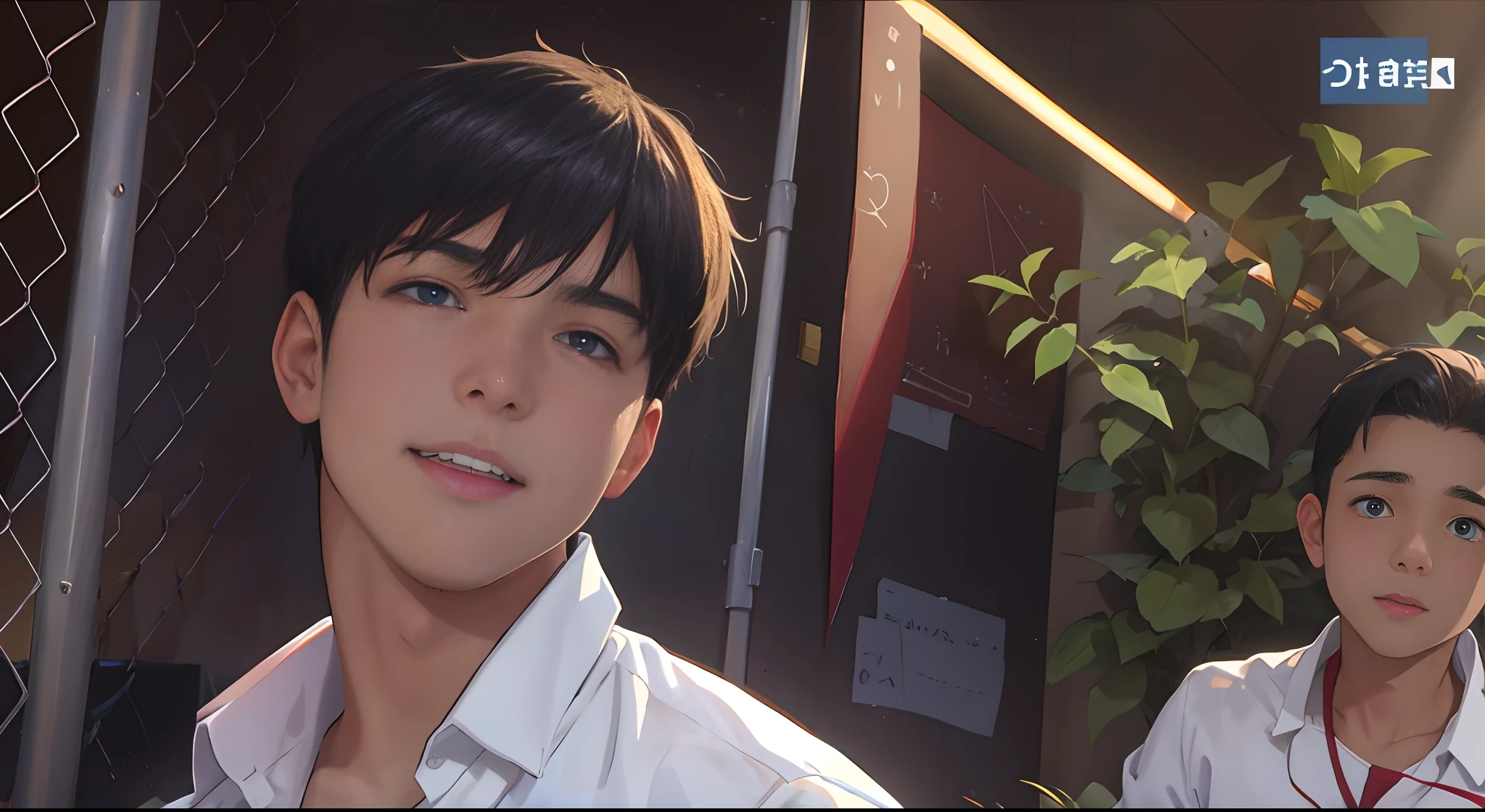 dos jovenes ho,Bre 14 years are in the high school classroom, A child tells a story to the other . mientras le brillan los ojos de color azul su cabello tambien es de color azul