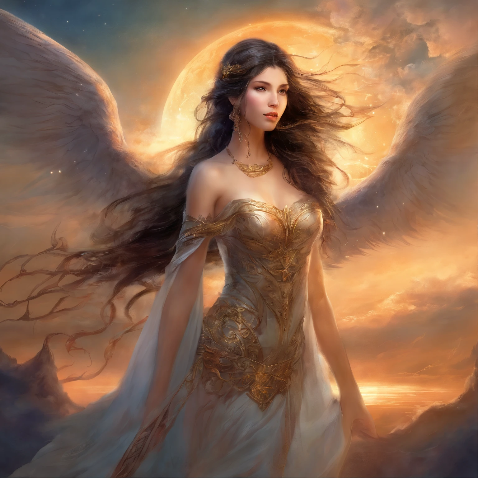 ((best quality)), ((masterpiece)), (detailed), alluring succubus, ethereal beauty, perched on a cloud, (fantasy illustration:1.3), enchanting gaze, captivating pose, delicate wings, otherworldly charm, mystical sky, (Luis Royo:1.2), (Yoshitaka Amano:1.1), moonlit night, soft colors, (detailed cloudscape:1.3), (high-resolution:1.2)