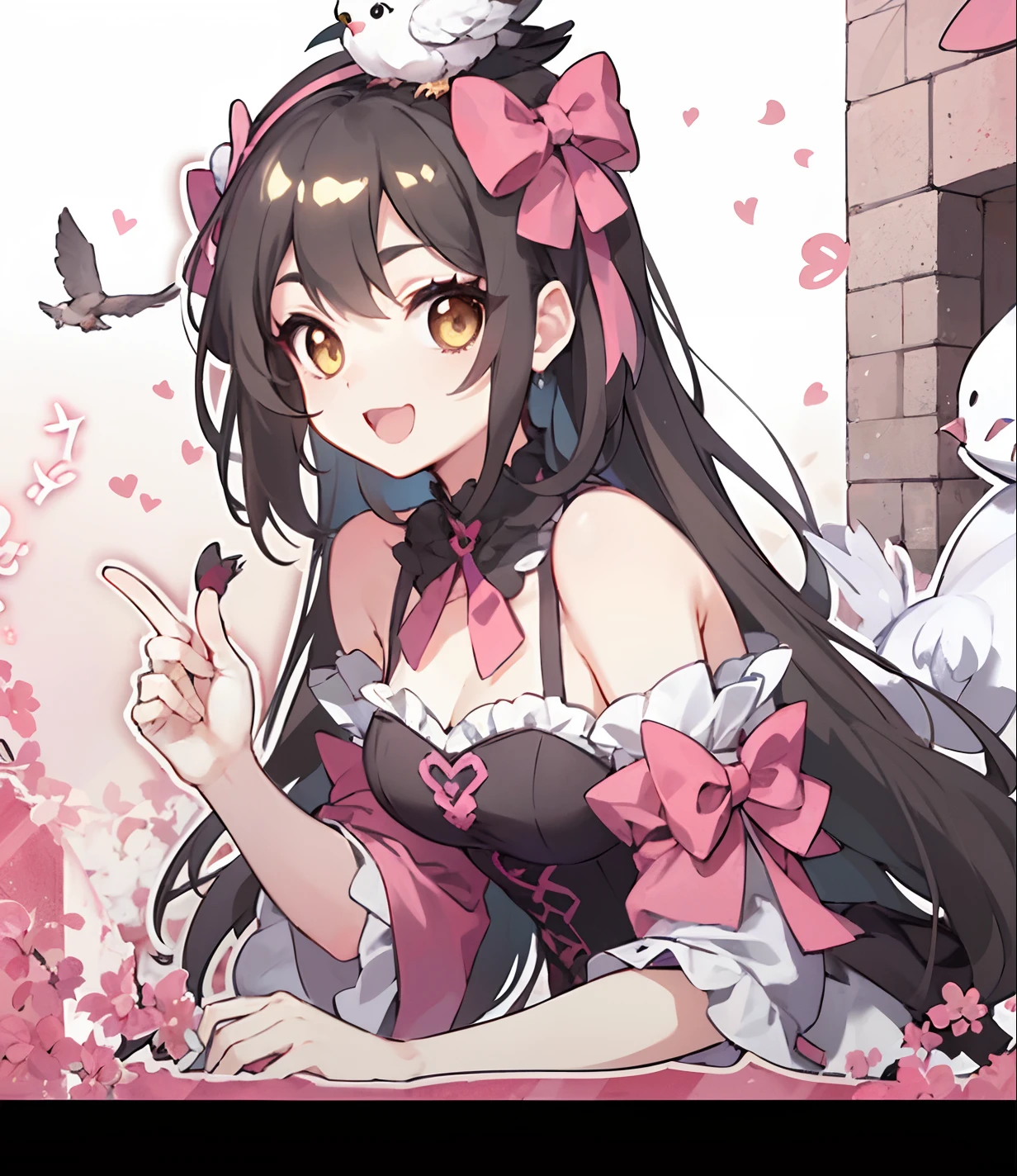 Cute Anime Girls,Wear a pink bow on her head,Holding a pigeon in his hand,The expression is natural and smiling,Exquisite high-quality HD。