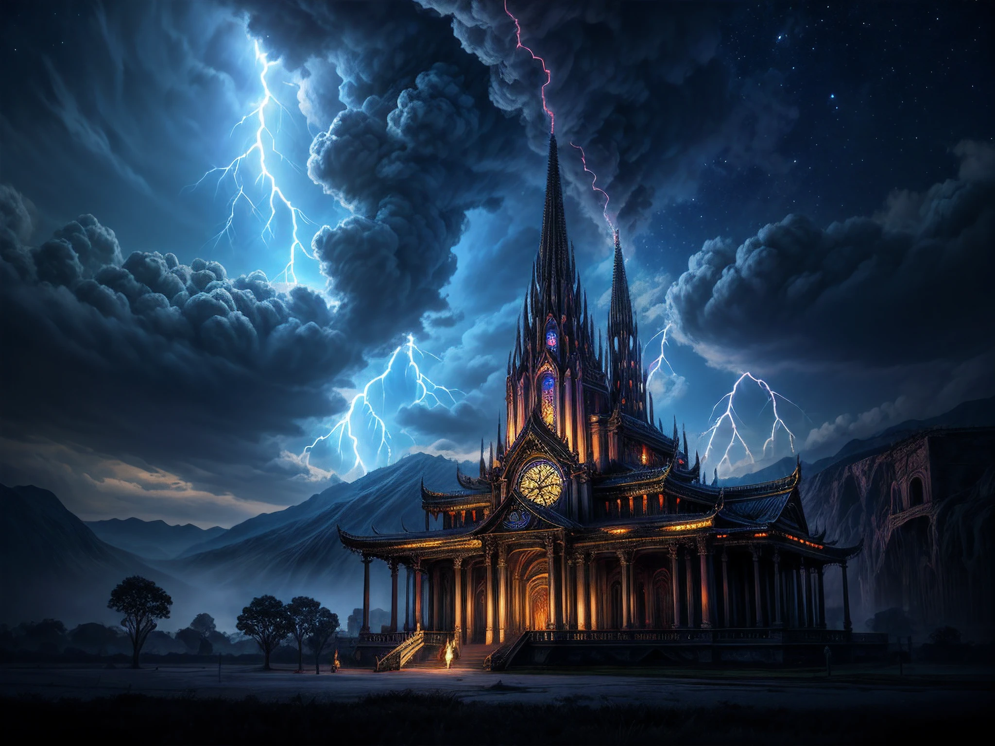 fantasy art, RPG art, photograph, RAW, (Ultra detailed: 1.5), Best Detailed, picture of temple of magic worship, an epic fantasy building intensive art work, live like statues, stained glass art, Renaissance art work with, decorations of (fire: 1.2), BREAK and (lightning: 1.2) BREAK and (earth: 1.2) decorating the building, night time, full moon, stars. fantasy magical city, (masterpiece: 1.5), best quality, (extremely detailed), ultra wide shot, photorealism, depth of field, hyper realistic, 2.5 rendering