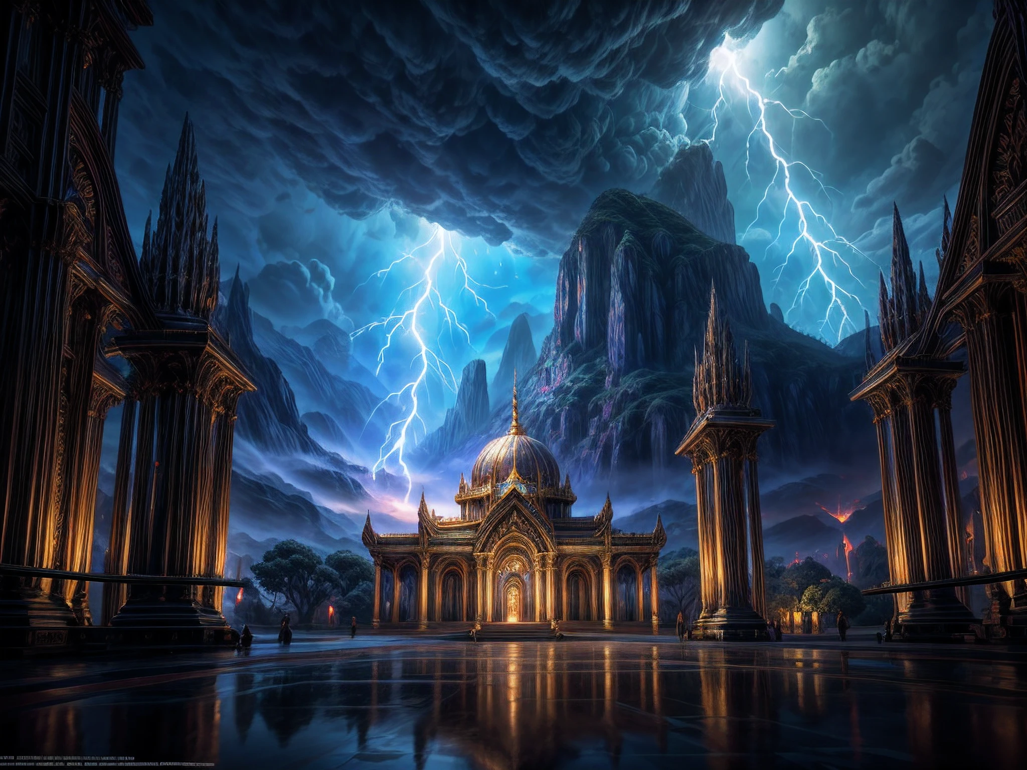 fantasy art, RPG art, photograph, RAW, (Ultra detailed: 1.5), Best Detailed, picture of temple of magic worship, an epic fantasy building intensive art work, live like statues, stained glass art, Renaissance art work with, decorations of (fire: 1.2), BREAK and (lightning: 1.2) BREAK and (earth: 1.2) decorating the building, night time, full moon, stars. fantasy magical city, (masterpiece: 1.5), best quality, (extremely detailed), ultra wide shot, photorealism, depth of field, hyper realistic, 2.5 rendering