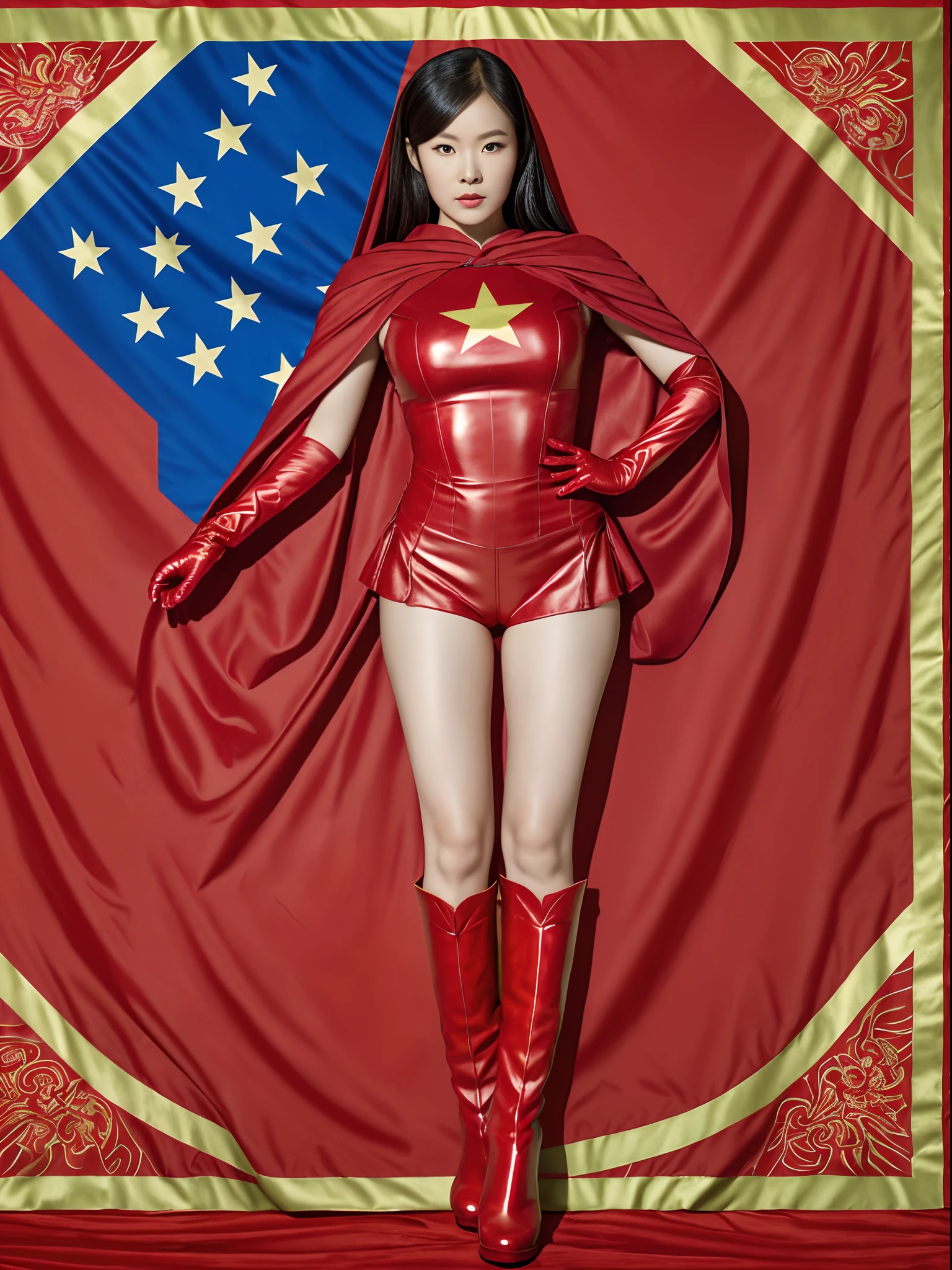 CG superhero five-star red flag girl wearing exquisite Chinese five-star flag logo uniform,Printed with the five-star flag logo and cloak+National flag,Wear red gloves on both hands+Wear a pair of red boots,The whole body exudes the superpowers of a five-star red flag girl Standing and showing a full-body photo