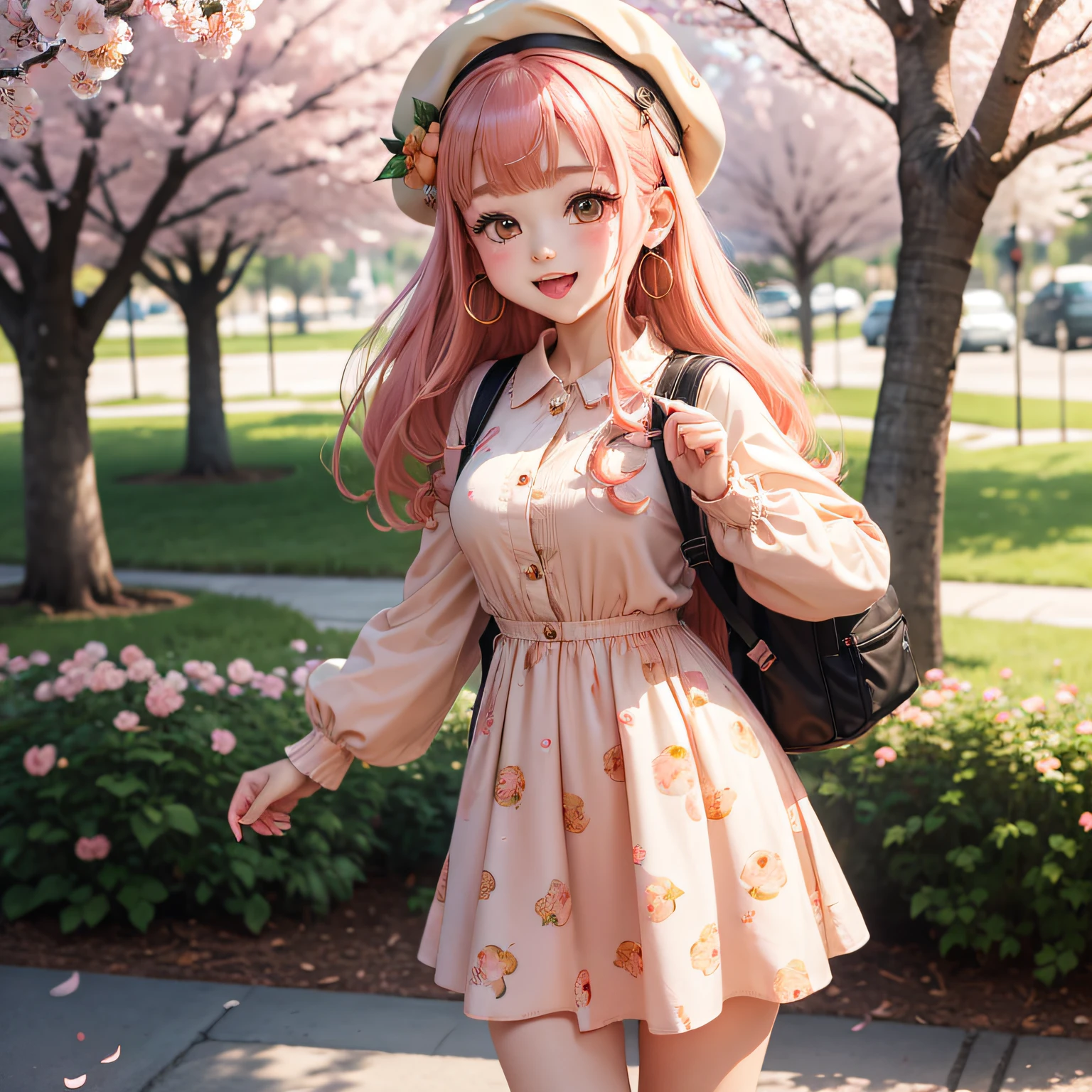 (masterpiece),(best quality),(ultra-detailed), (full body:1.2), 1girl,chibi,cute, smile, open mouth, flower, outdoors,beret, holding peaches printed backpack, jacket, blush, tree, :3, shirt, peach colored hair, cherry blossoms, blurry, blush stickers, long sleeves, bangs, headphones, peach colored flower, peaches earrings, peach printed dress (beautiful detailed face), (beautiful detailed eyes),