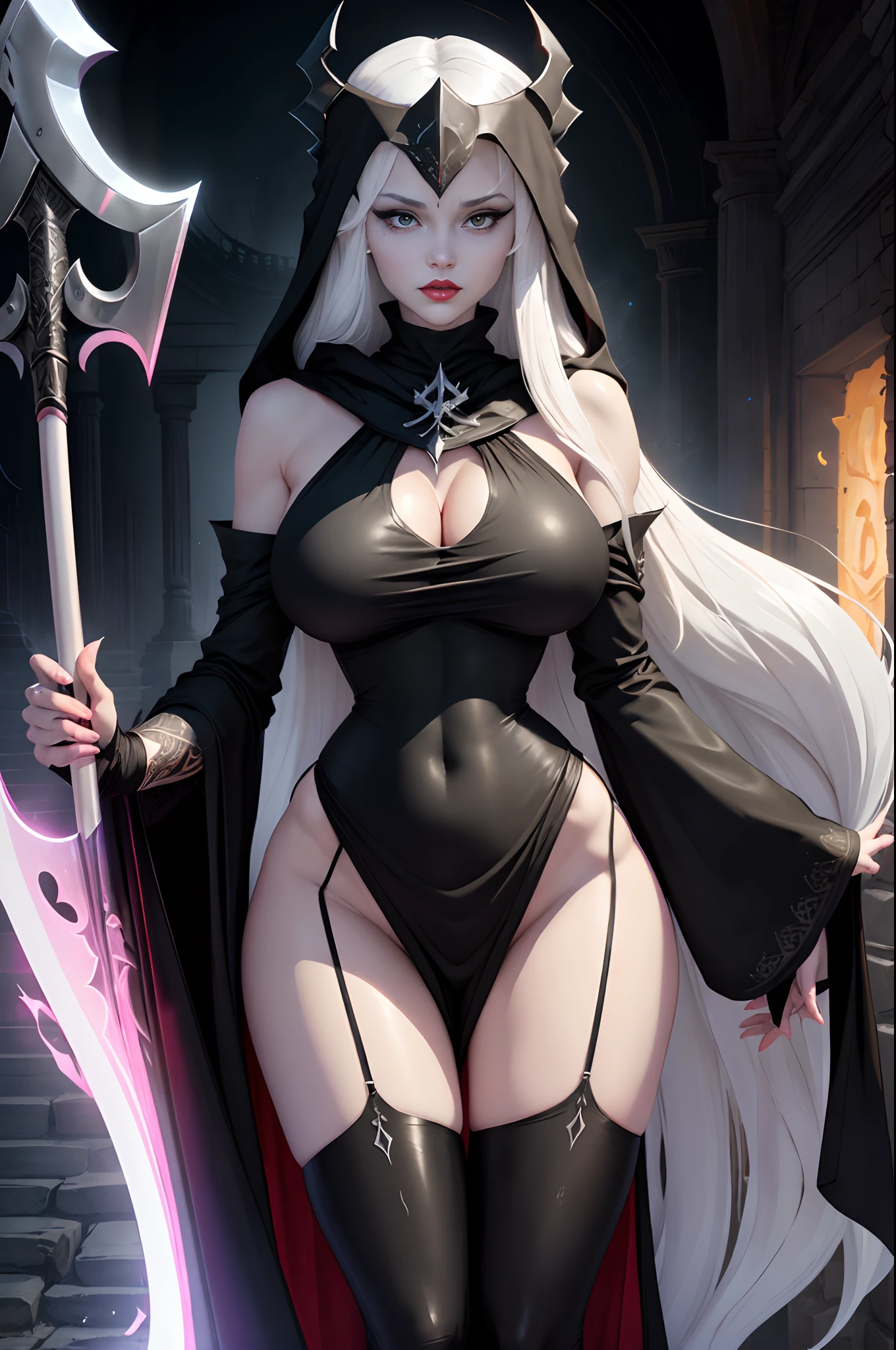 ((Beautiful goddess of death))(she has big glowing yellow eyes)(white pale skin)(red lips) (very long straight platinum hair)((very huge breasts)) (perfect slim body) (she wears, black hood, black long robe and long black stockings)(hold on hand a giant scythe ornamented with bones)(she is inside a dark and goomy temple) (high definition, volumetric lights and dynamic shadows)((masterpiece))(8k)(perfect face)(ultra details) (perfect hands, eyes, and face)