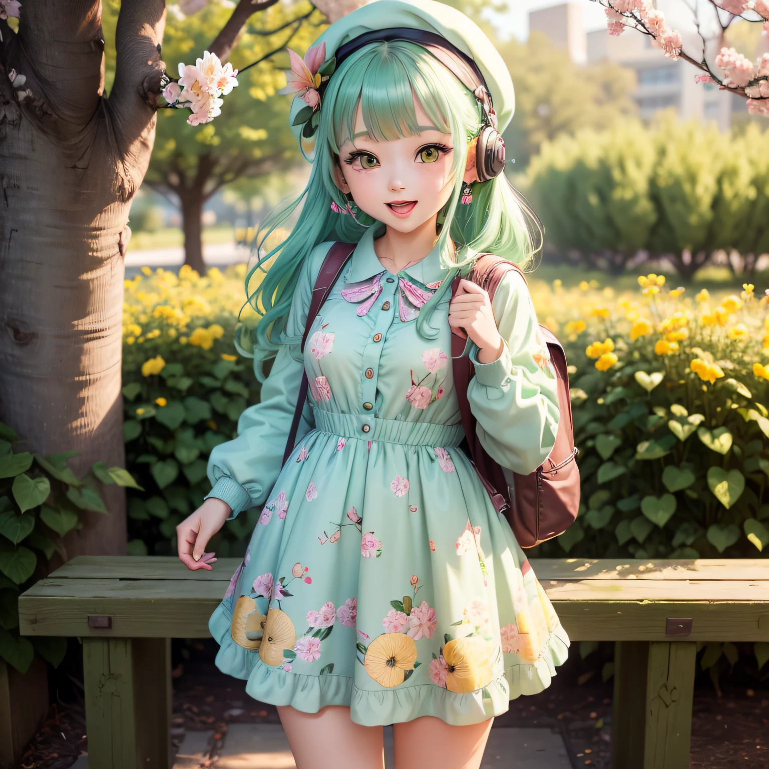 (masterpiece),(best quality),(ultra-detailed), (full body:1.2), 1girl,chibi,cute, smile, open mouth, flower, outdoors,beret, holding lemons printed backpack, jacket, blush, tree, :3, shirt, mint green hair, cherry blossoms, blurry, blush stickers, long sleeves, bangs, headphones, yellow flower, mint, mint leaves earrings, mint printed dress (beautiful detailed face), (beautiful detailed eyes),