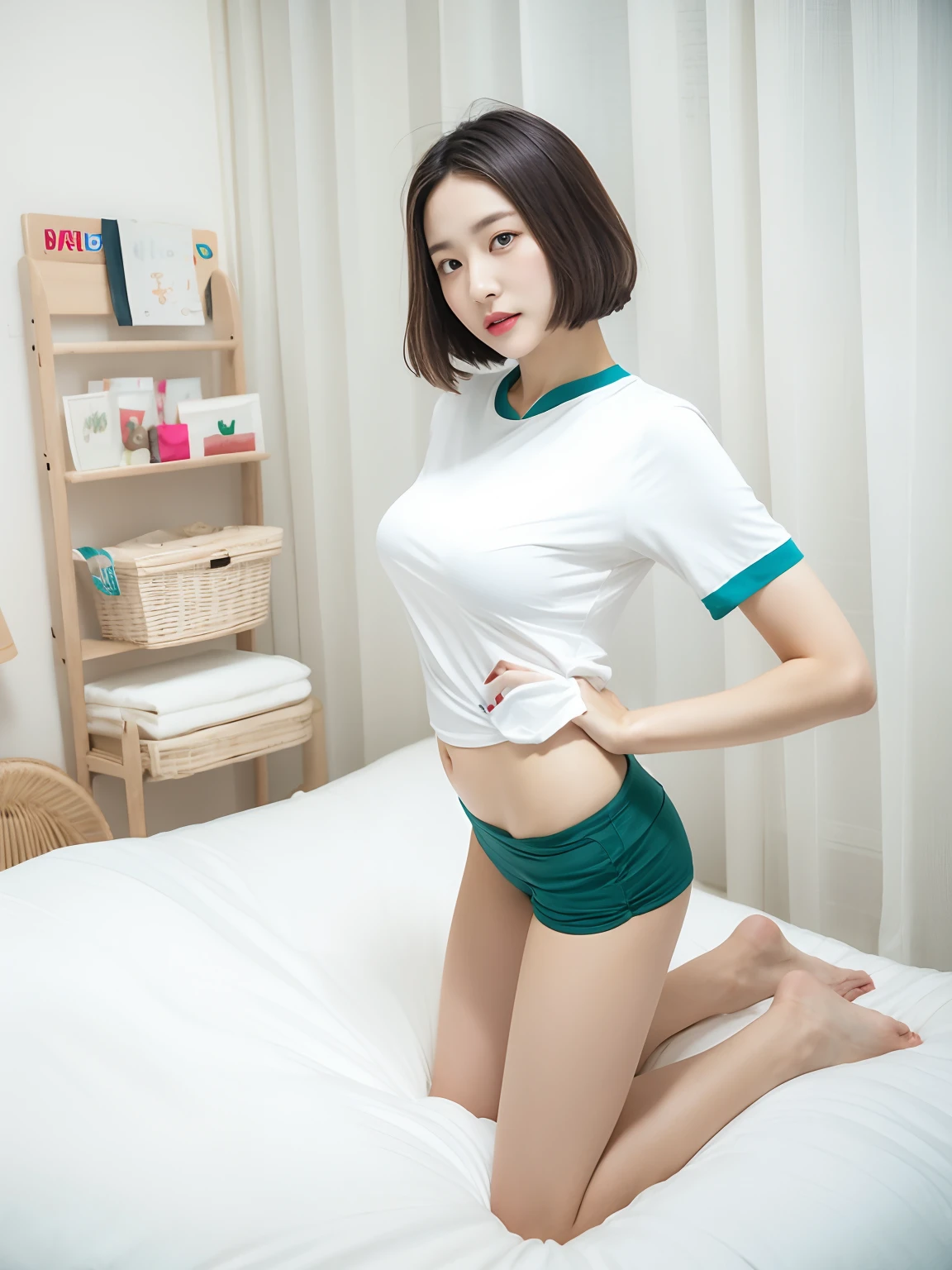 There is a woman in a white shirt and blue shorts on the bed, Smooth white tight clothes suit, Engaging pose, Korean Girl, gorgeous chinese model, Posing in the bedroom, wearing white outfit, wearing white leotard, pretty face with arms and legs, white and teal garment, Gorgeous young Korean woman, With short hair, model with attractive body