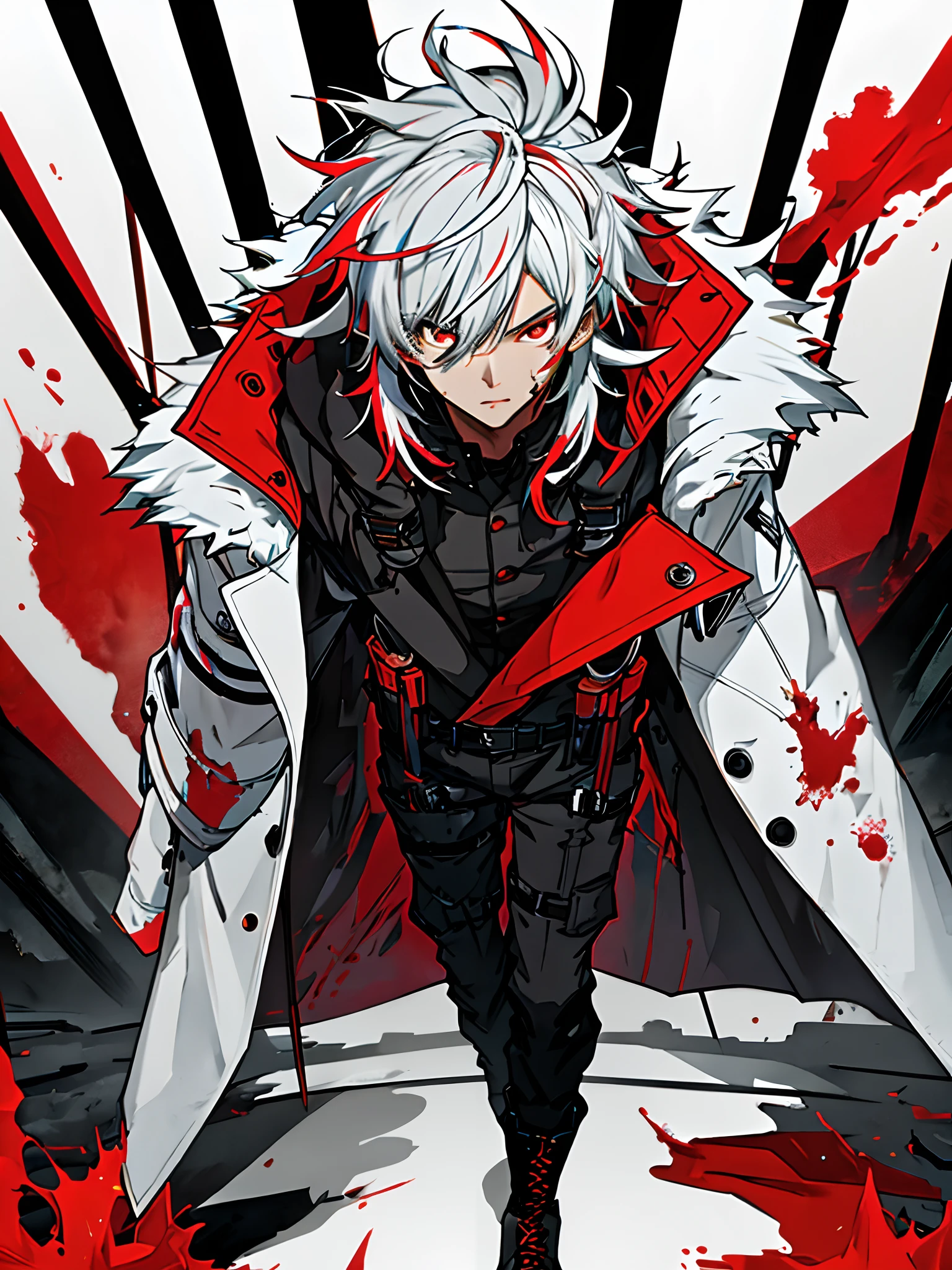 (best quality, 4k,highres, masterpiece:1.2), ultra-detailed, portrait, young male, crazy eyes, white hair, red eyes, whaler's coat, guns akimbo, combat boots, vibrant colors, sharp focus, blood