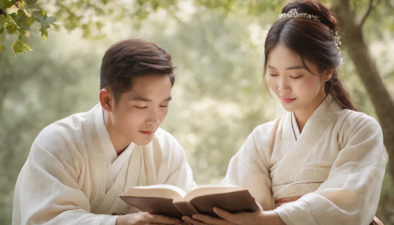 (Best Quality,Ultra-detailed,realisitic:1.37),portrait of a,Korean men and women reading the Bible,Oil Painting,Traditional Korean Costume,Peaceful garden scene,Soft sunlight,tranquil expression,wisdom,Bible Quotes,vibrant colours,delicate brushwork,subtle textures,lush greenery,Contemplative atmosphere,Beautiful picture book,Highlighted features:Eyes in focus,gentle smiling,Graceful posture,Sunlight shining through the trees,rays,Quiet surroundings,serene ambiance,A Blessed Moment
