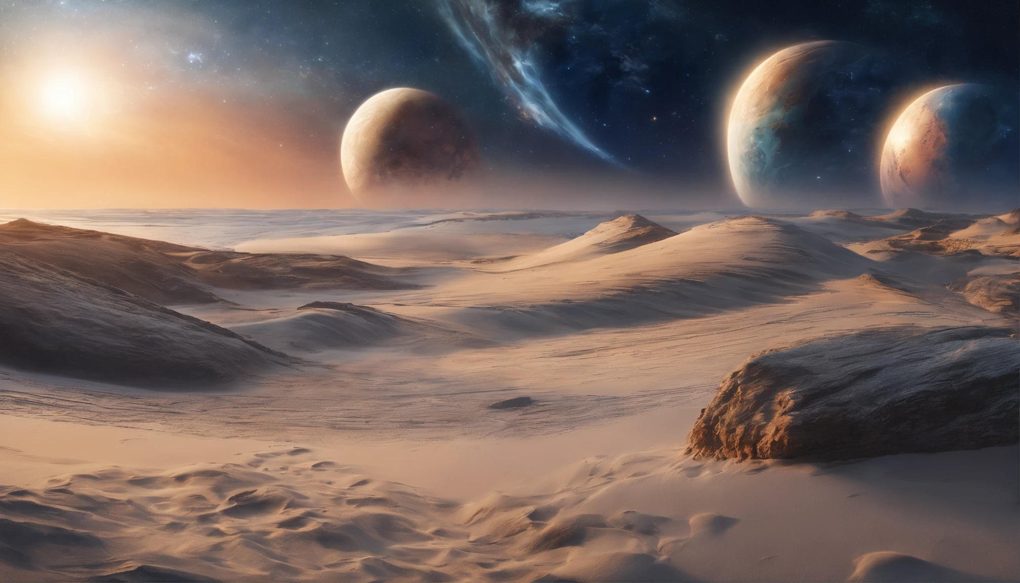 huge planet, the night, starrysky, surrealism, masutepiece, hight resolution、Impressive Milky Way:1.9、sand beach、Vast blue ocean、Blue glacier、lightning bolt:1.9、Protoplanets