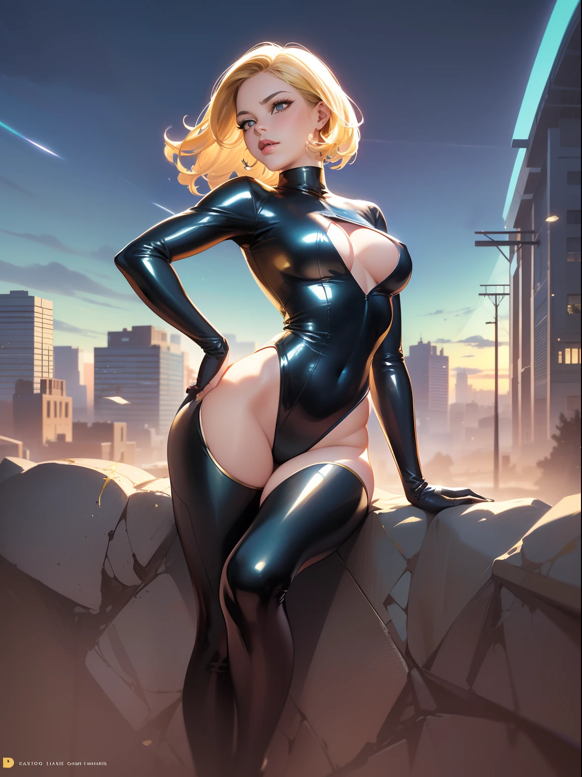 POV expansive Sue Storm of the fantastic four, 1 girl, ((thin)), perfect face, ((blonde)), sexy look and lips between open, wearing uniform ((full body)) in latex (((blue)) with details ((gold)) and ((number four stamped on the chest)), turtleneck, ((full body)), ((Action pose)), by Kaethe Butcher, Jon Klassen, Gil Elvgren, Bill Plympton, Kate Beaton, Enoch Bolles, Rolf Armstrong,  Winsor McCay, jean james, moebius, official art, unity 8k wallpaper, ultra detailed, beautiful and aesthetic, masterpiece, best quality, (dynamic angle: 1.4), glossy leather, (floating colored glow: 1) the most beautiful form of chaos, flowerpunk, elegant, a brutalist design, vivid colors, romanticism, ultra wide angle