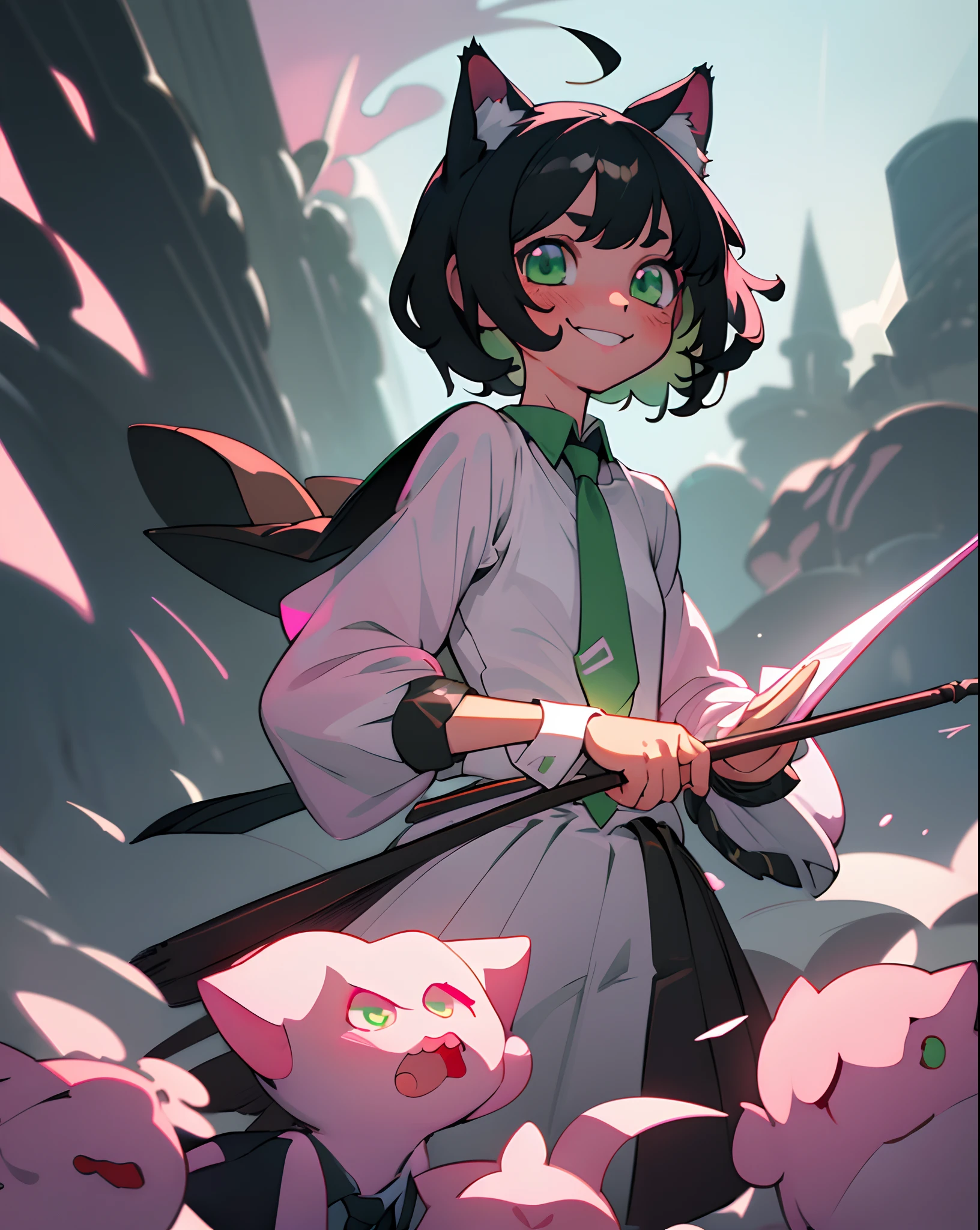 whitebackground, Welcomes, 8K resolution, higly detailed, school white uniform, Idol Pose,tmasterpiece, beste-Qualit, school, Smiling, the wind ,Kawaii Eyes, A detailed eye,Detailed leather, black  hair,Short Hair Hair, little chest, cat ears, Green eyes, pink necktie, Short hair, small mouth, straight hair, Head shot, Cute, 1girl,blusher, Cinematic lighting,Depth of field,Ultra-detailed,illustartion,extreamly delicate and beautiful, magic, staff