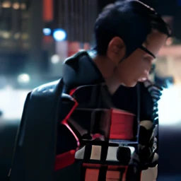 Best quality, masterpiece, ultra high res, (photorealistic:1.4), raw photo, young handsome male, black hair, (night city background:1.2)