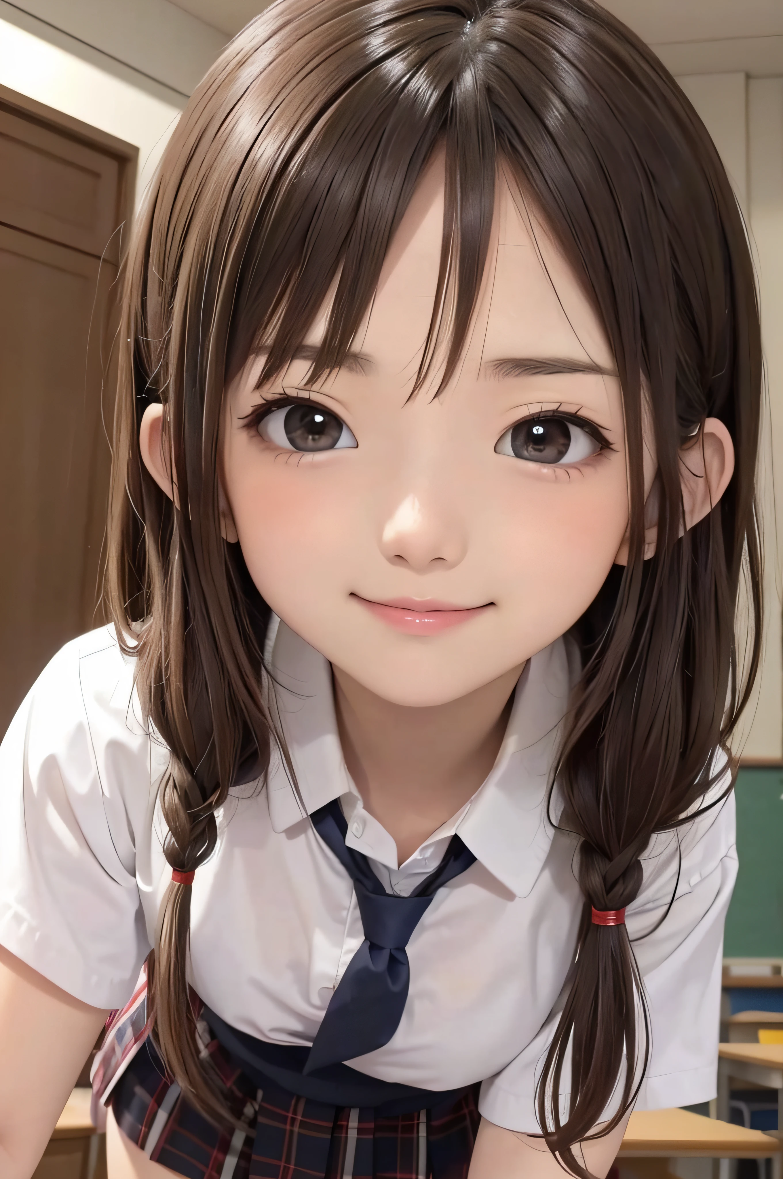 18year old、brown haired、beautidful eyes、real looking skin、hi-school girl、small tits、(8K、​masterpiece)、(reallistic、Photorealsitic)、top-quality、ighly detailed、The ultra-detailliert、Beautie、cute little、japanes、a smile、Close-up portrait、Healthy face、School uniform、plaid skirts