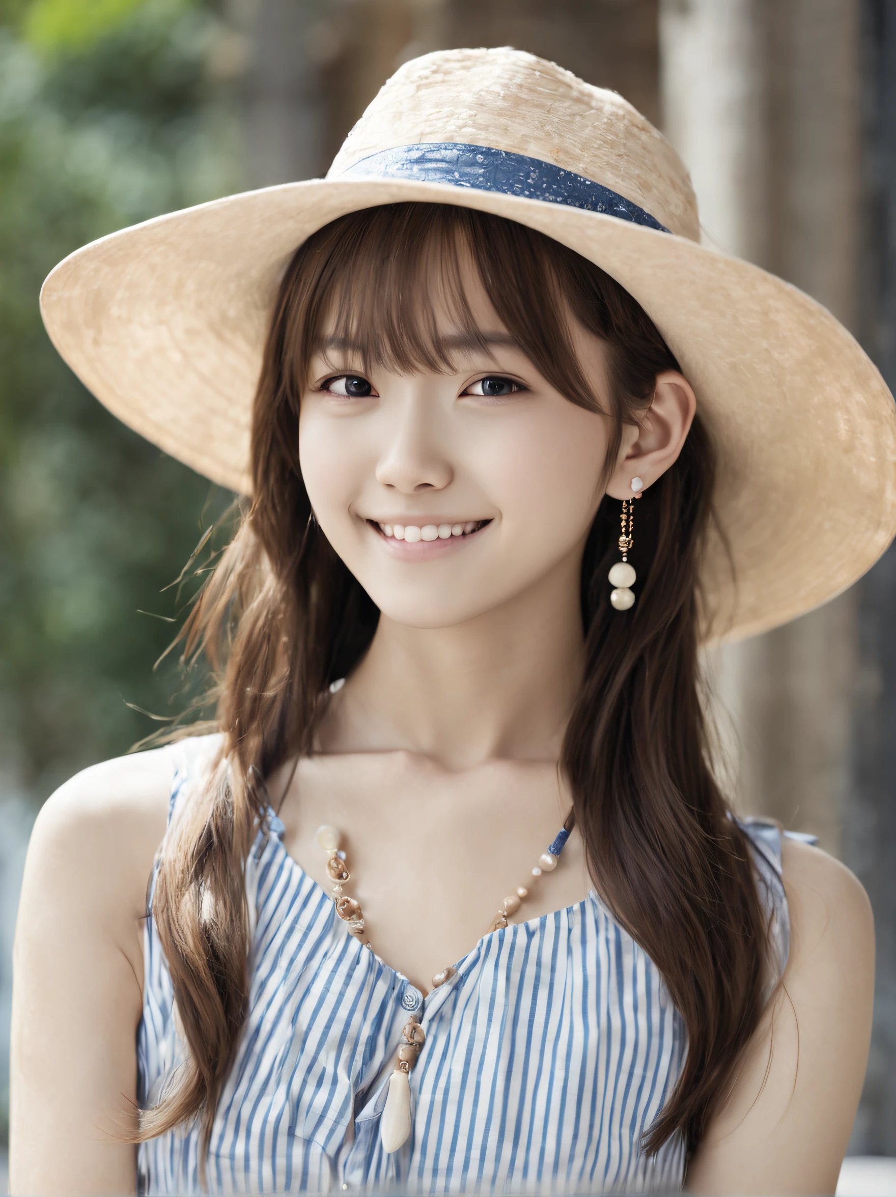 (A very beautiful and cute girl with a gentle expression), (Masterpiece:1.3), (Photorealistic, Raw photography, Best Quality:1.4), HDR, (Ultra high Detailed), (Detailed face), Very perfect and beautiful cute face, (Detailed hair), Beautiful hairstyle, bangs, (Detailed eyes), cute eyes, (Detailed skin), Realistic skin, Beautiful skin, Ultra high definition, medium breasts:0.6, slim figure, (super model figure), so cute Japanese sexy young girl, gentle smile, so young Idol, ( wearing a linen shirt, long skirt, hat ), (earrings, bracelets), upper-body_shot:1.3, At a cafe with a seaside terrace