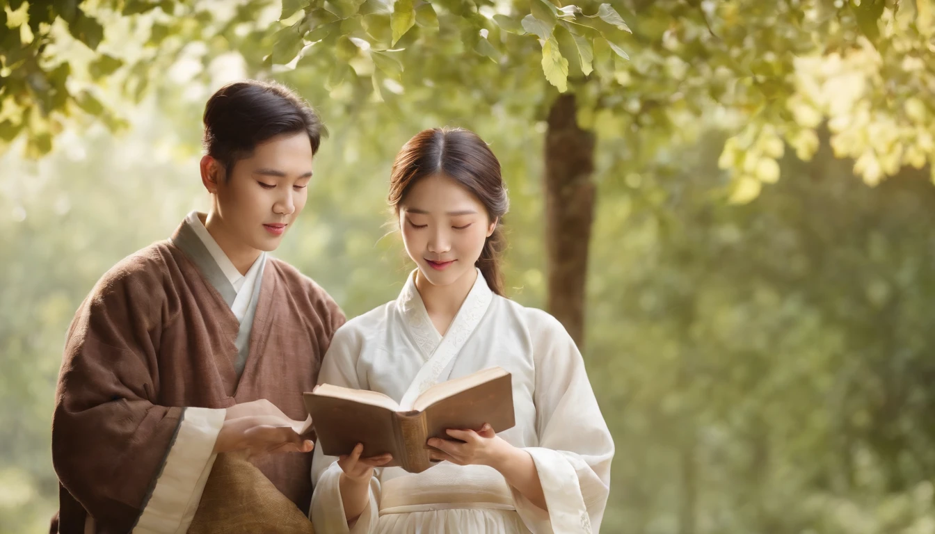 (Best Quality,Ultra-detailed,realisitic:1.37),portrait of a,Korean men and women reading the Bible,Oil Painting,Traditional Korean Costume,Peaceful garden scene,Soft sunlight,tranquil expression,wisdom,Bible Quotes,vibrant colours,delicate brushwork,subtle textures,lush greenery,Contemplative atmosphere,Beautiful picture book,Highlighted features:Eyes in focus,gentle smiling,Graceful posture,Sunlight shining through the trees,rays,Quiet surroundings,serene ambiance,A Blessed Moment