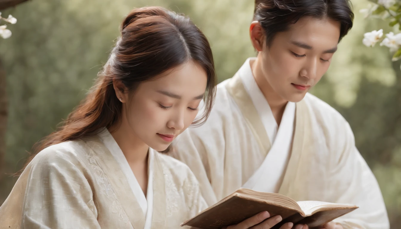 (Best Quality,Ultra-detailed,realisitic:1.37),portrait of a,Korean men and women reading the Bible,Oil Painting,Traditional Korean Costume,Peaceful garden scene,Soft sunlight,tranquil expression,wisdom,Bible Quotes,vibrant colours,delicate brushwork,subtle textures,lush greenery,Contemplative atmosphere,Beautiful picture book,Highlighted features:Eyes in focus,gentle smiling,Graceful posture,Sunlight shining through the trees,rays,Quiet surroundings,serene ambiance,A Blessed Moment