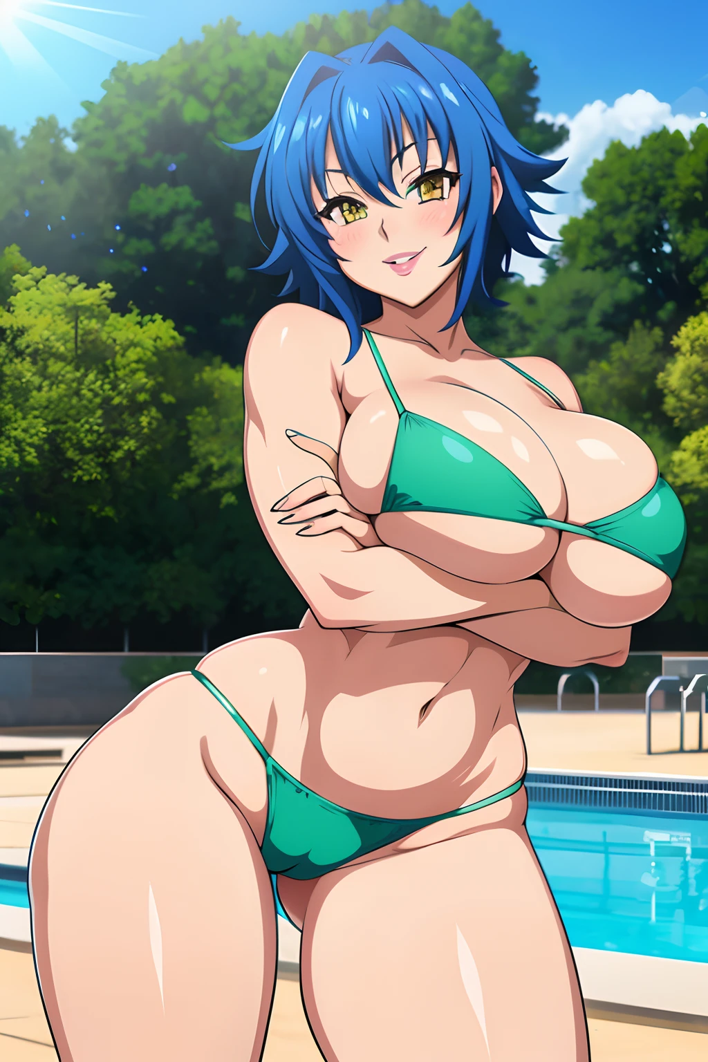 Highschool dxd, Xenovia, 1girl, (((bimbo))), short blue hair, yellow eyes, puffy lips, painted lips, thick lips, wide hips, thick thighs, huge ass, Smile face, bubble butt, camel toe, Breasts, green bikini, pool, Sun bathing, crossed arms,