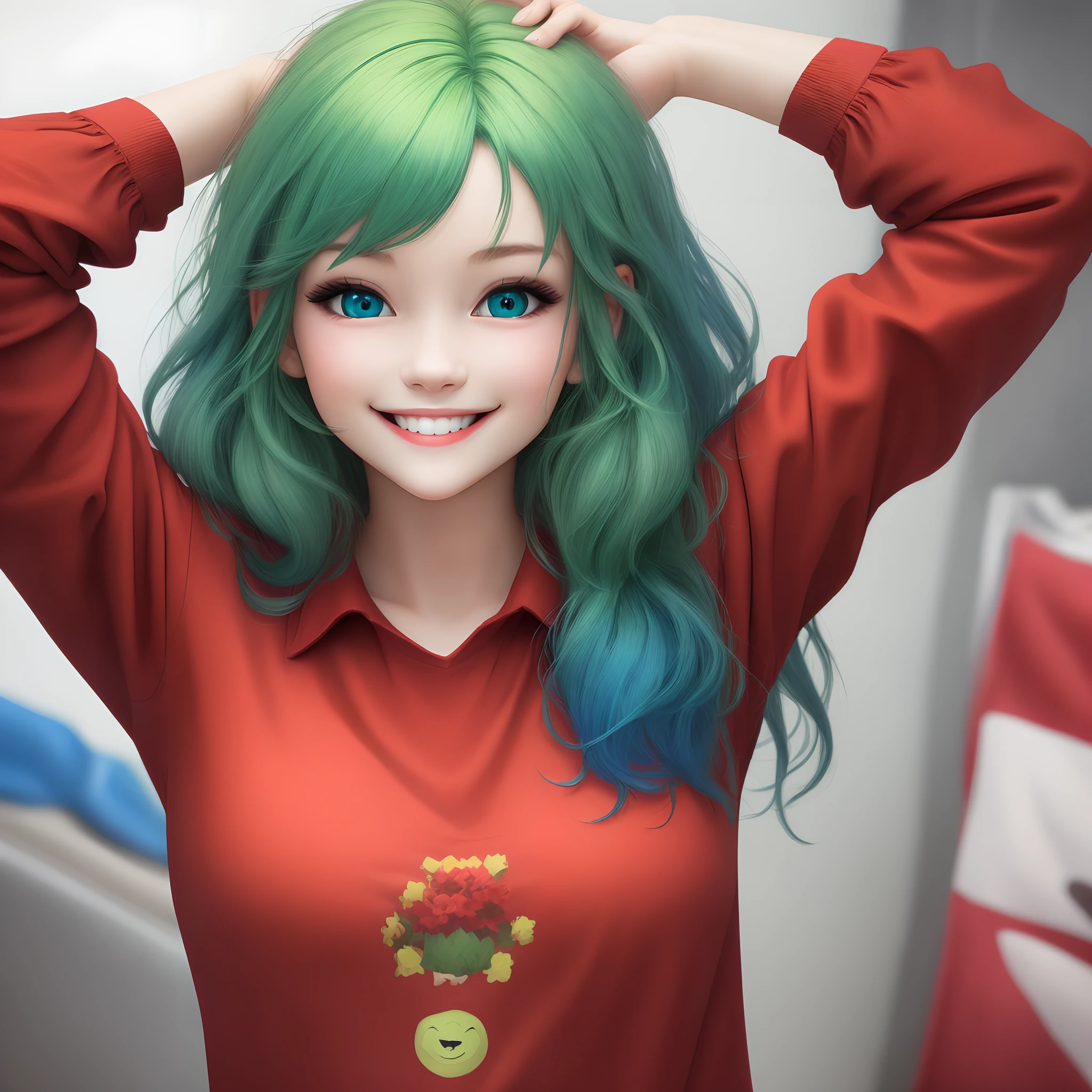 Girl with green hair, red shirt with blue eyes and cute smile