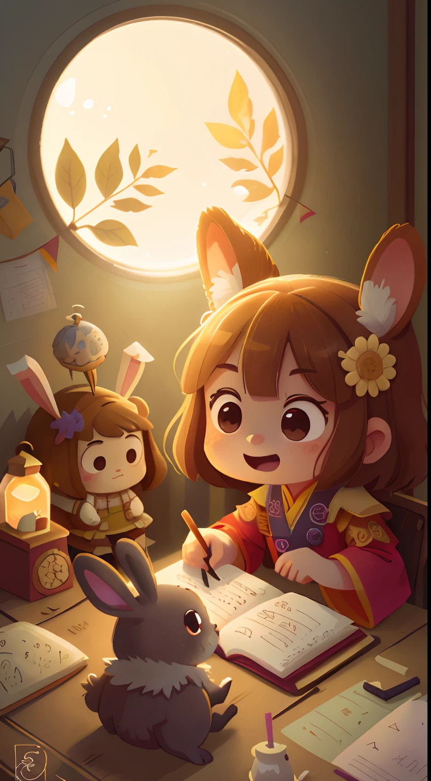 A room full of mooncake elements，Girl who loves to laugh，With a smile on his face，Mid-Autumn Festival，Chinese style 1.5，（Girl with rabbit ears 1.5），adolable，Big Eyes 1.5，Anime scene of Hanfu girl on board, The background is the full moon。,Palace ，trending on cgstation, A beautiful artwork illustration, Cute detailed digital art, Anime fantasy illustration, Guviz-style artwork, lovely digital painting,（best qualtiy），ultra - detailed，Ultra photo realsisim，Octane renderer，HighDynamicRange，(hdr)，32K resolution，Super resolution，megapixel，
The Tyndall effect，lens flare glow，shadowing，Contre-Jour, depth of fields, natural  lightting, hardfocus, filmgrain, Mirror light hologram，Ray traching，Semi-reflective illumination，Natural lighting，Incandescent Lamps，fiber-optics，gentle illumination，volumettic light，Contre-Jour，globalillumination，Ray traching，optics，Scattering，with light glowing，shadowing，Twinkle，glaring lights，