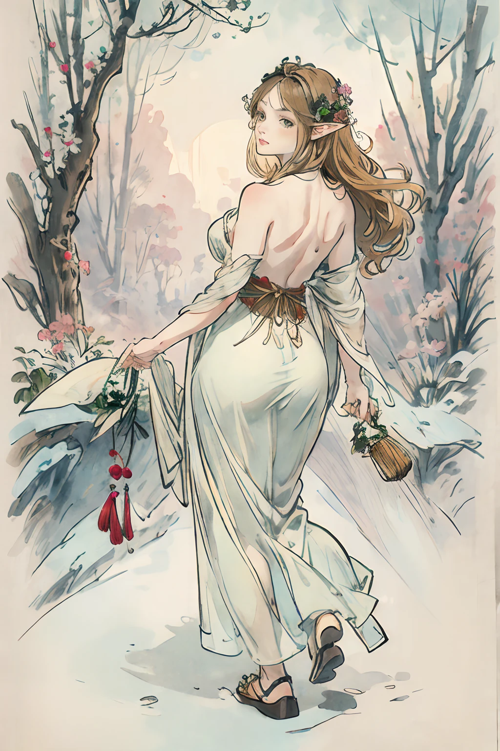 SFW,masutepiece, Best Quality, High resolution, 1girl in, Full body, Details Girl, detail hands, Detail fingers, Detail Face, detail legs, 1girl in, elf, Looking down, Flower Garden, Black sky, smog, watercolor paiting, pale skin, Petite, Blonde hair, Long hair, Wavy Hair, saddened, mournful smile, Green eyes, tareme, medium breasts, white sundress, Bare back, Planting trees