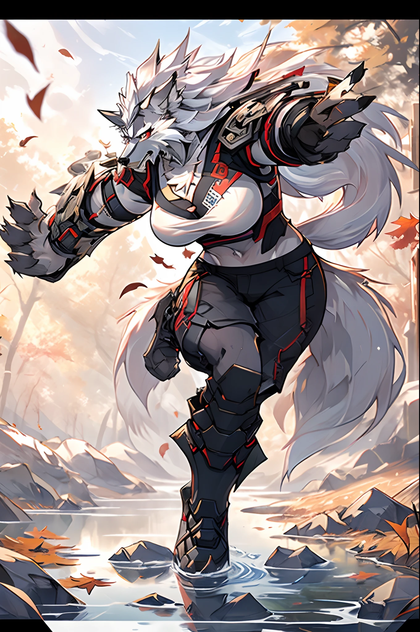 masterpiece,best quality,(1girl:1.1),(solo:1.1),muscular female,hi res,8k hd,extreme detail,detailed background,masterpiece,muscular,muscular anthro,(sweat:1.4),aged up,(looking at viewer:1.1),[(white background:1.4), ::2],solo,mid shot,full body,meadow,(Fallen leaves:1.1),grass,(Maple leaf:1.1),(rock:1.1),Stream,(rivers:1.1),fight pose, (langshu:1.3),wolf girl, hair,Thick eyebrows,grey body,wolf ears,white hair,long hair,wolf tail,claw,by lindong,by null-ghost,big breast, curvy