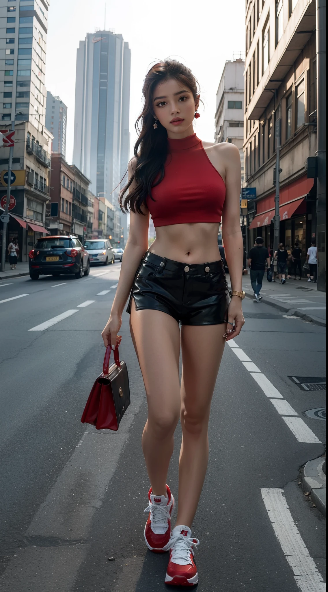 unreal engine:1.4,UHD,Best quality:1.4, photorealistic:1.4, skin texture:1.4, masterpiece:1.8,posing behind Ladybug, very sensual, with funkeira clothes, Brazilian, in the city apocalyptic cyberpunk, Brazil, funk dance, rolling, big, thick legs, Wear latex red bodysuit, showing a piece of, Micro Corto Curto, wear a mini blouse, navel with piercings, Nike sneakers, Long hair, Speaker behind, Red miniskirt, full body, beautiful fine hands,