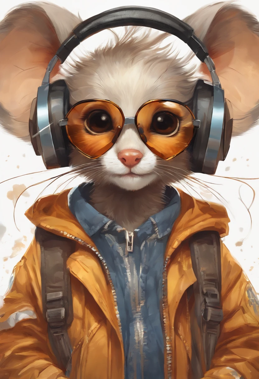 Perfect centering, Cute mouse, Wear a student team jacket, Wearing sunglasses, Wearing headphones, cheerfulness, Standing position, Abstract beauty, Centered, Looking at the camera, Facing the camera, nearing perfection, Dynamic, Highly detailed, smooth, Sharp focus, 8K, high definition resolution, illustration, Art by Carne Griffiths and Wadim Kashin, White background