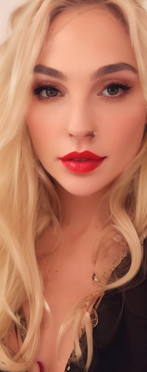 um close up de uma mulher com longos cabelos loiros e batom vermelho, small and thick red lips, red lips, faint red lips, thick red lips, sexy red lips, red luscious lips, light-red lips, Big Red Lips, both have red lips, Red lipstick, deep red lips, full lips, lips slightly parted, with parted lips and stunning