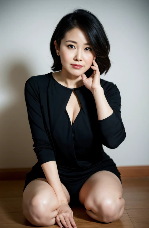 ((Best Quality, 8k, Masterpiece, Portrait: 1.3)), (looking at viewer),Photorealistic, Sharp Focus, Solo, Japan Milf, Beauty, Clothes with Cleavage View, 30 Years Old, Wavy Hair, Wrinkles at the Corners of the Eyes, ((Open your legs wide:1.5, Sit one knee up:1.5, show crotch)), (loose waist:0.5), darkness nobody room,