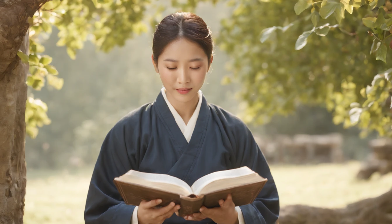 (Best Quality,Ultra-detailed,realisitic:1.37),portrait of a,Korean men and women reading the Bible,Oil Painting,Traditional Korean Costume,Peaceful garden scene,Soft sunlight,tranquil expression,wisdom,Bible Quotes,vibrant colours,delicate brushwork,subtle textures,lush greenery,Contemplative atmosphere,Beautiful picture book,Highlighted features:Eyes in focus,gentle smiling,Graceful posture,Sunlight shining through the trees,rays,Quiet surroundings,serene ambiance,A Blessed Moment