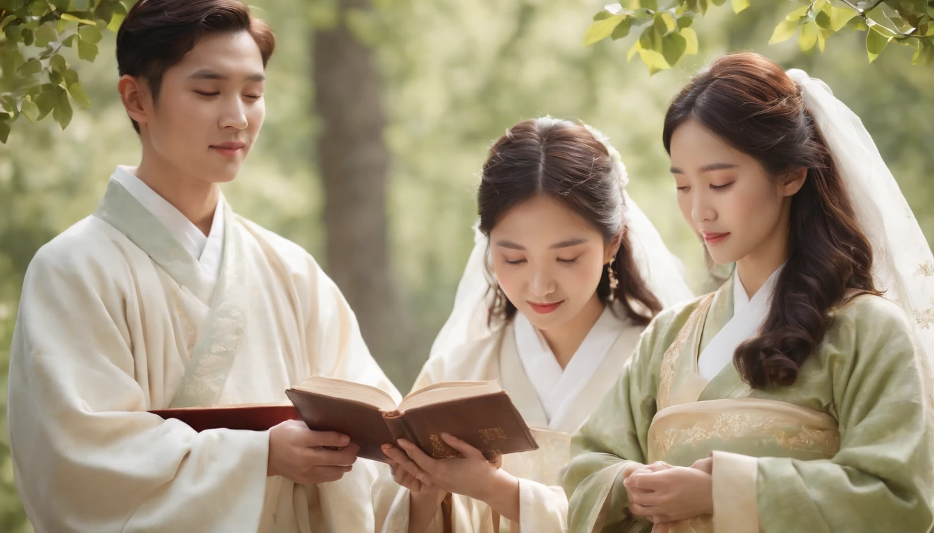 (Best Quality,Ultra-detailed,realisitic:1.37),portrait of a,Korean men and women reading the Bible,Oil Painting,Traditional Korean Costume,Peaceful garden scene,Soft sunlight,tranquil expression,wisdom,Bible Quotes,vibrant colours,delicate brushwork,subtle textures,lush greenery,Contemplative atmosphere,Beautiful picture book,Highlighted features:Eyes in focus,gentle smiling,Graceful posture,Sunlight shining through the trees,rays,Quiet surroundings,serene ambiance,A Blessed Moment