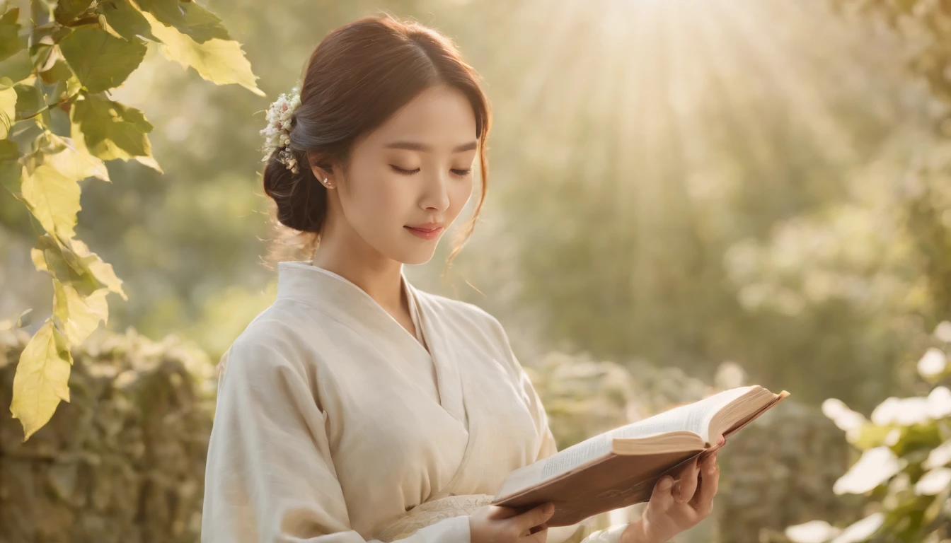 (Best Quality,Ultra-detailed,realisitic:1.37),portrait of a,Korean men and women reading the Bible,Oil Painting,Traditional Korean Costume,Peaceful garden scene,Soft sunlight,tranquil expression,wisdom,Bible Quotes,vibrant colours,delicate brushwork,subtle textures,lush greenery,Contemplative atmosphere,Beautiful picture book,Highlighted features:Eyes in focus,gentle smiling,Graceful posture,Sunlight shining through the trees,rays,Quiet surroundings,serene ambiance,A Blessed Moment