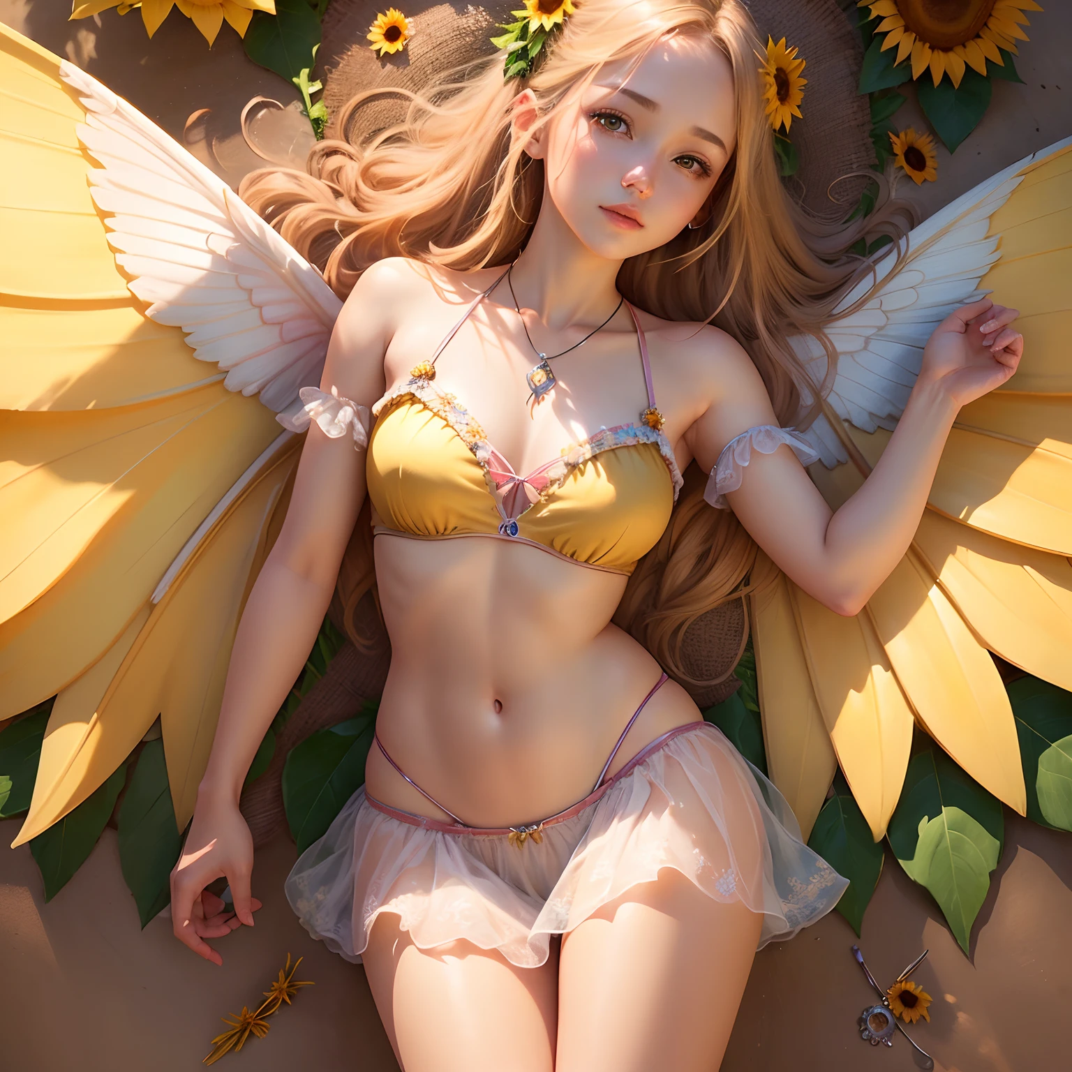 (Best Quality,Ultra-detailed,Realistic:1.37)、Summer Fairy、An 18-year-old woman、Summer personification、Fairy with wings、Brown-skinned、a blond、Highlight the features of sunflower、Clothes with sunflower motifs、The Bright Sun、Summer scene、Full body
