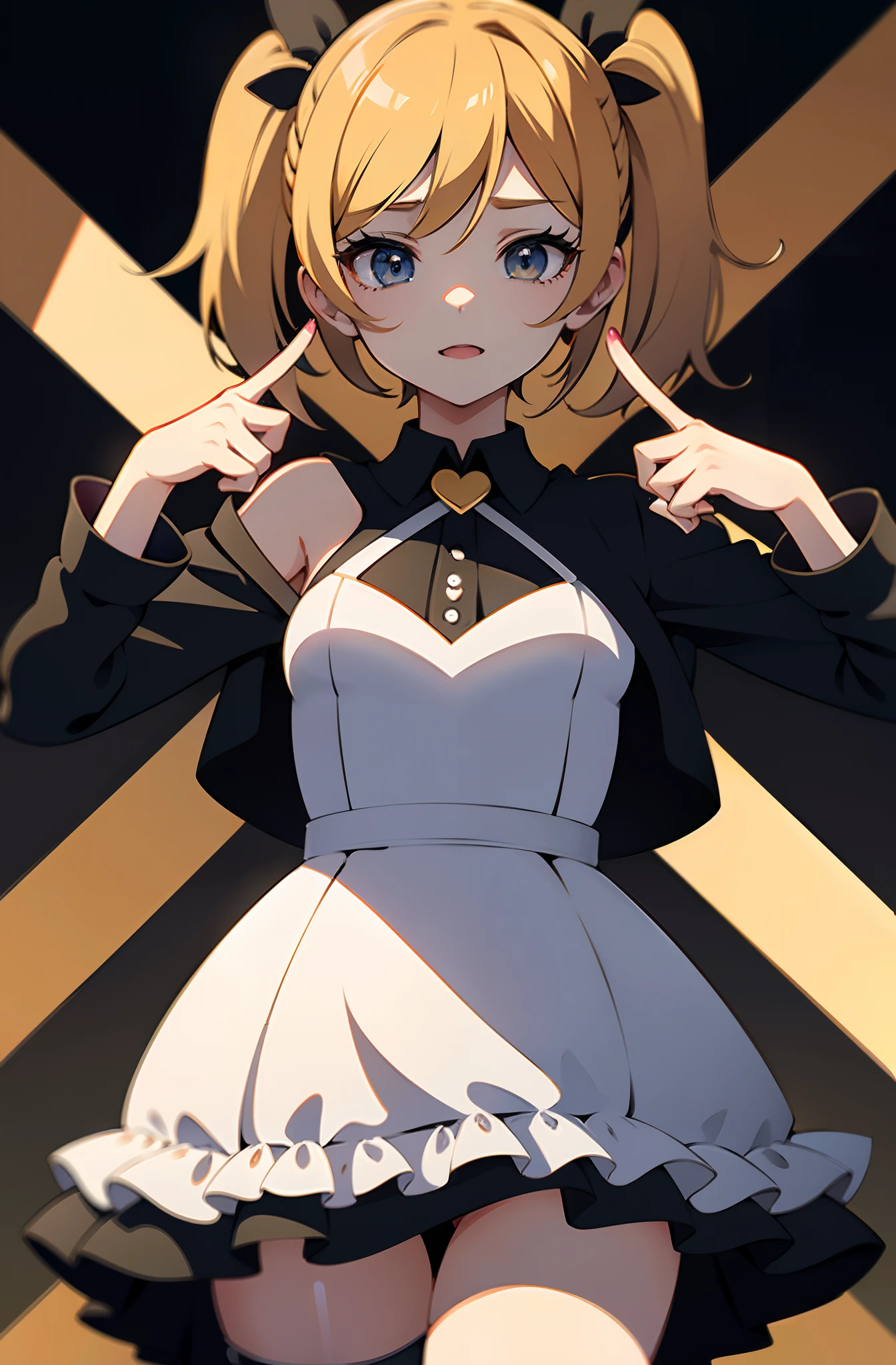 mejor calidad, ultra-high-resolution , kagamine rin , camisa blanca sin mangas con botones, falda negra, gargantilla negra, lindo, (Kpop idol), (aegyo sal: 1), (pelo rubio platino: 1), ((ojos hinchados)), mirando en el espectador, cuerpo completo, mirando hacia el frente