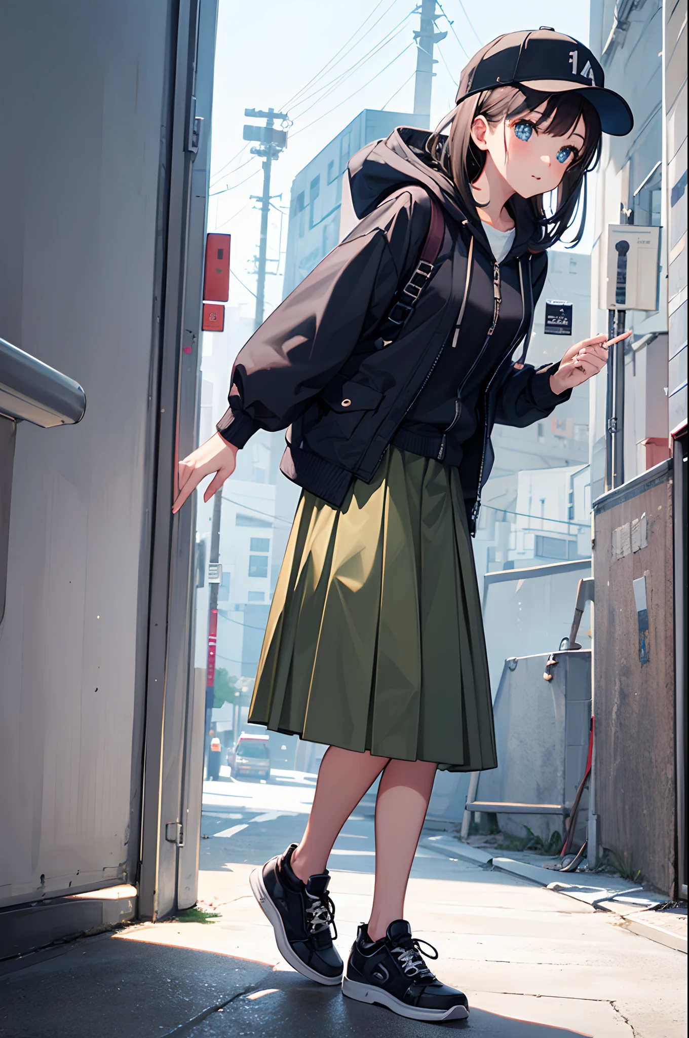 1girl, Front-button chino long skirt, CASQUETTE, waffle pullover, hooded waistcoat, sneaker