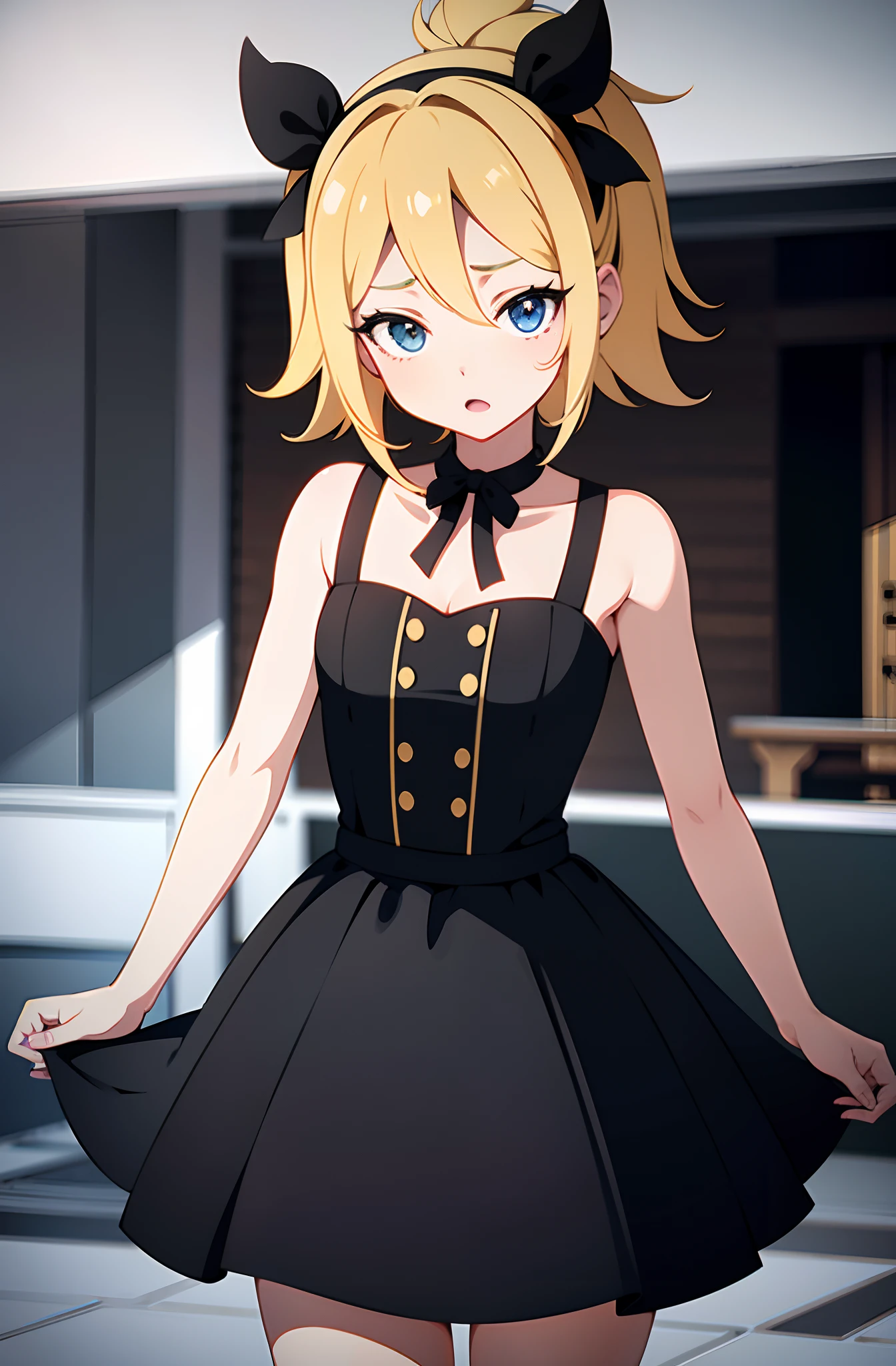 Kagamine rin , vocaloid , Imagen de estilo de una mujer con uniforme blanco y negro, en vestido, Chica anime con un vestido negro, seductora chica de anime, Lindo anime waifu en un bonito vestido, Render de una linda chica de anime 3D, Render fotorrealista de Anime Girl, Anime CG arte suave, Hecho con Anime Painter Studio, small curvy loli