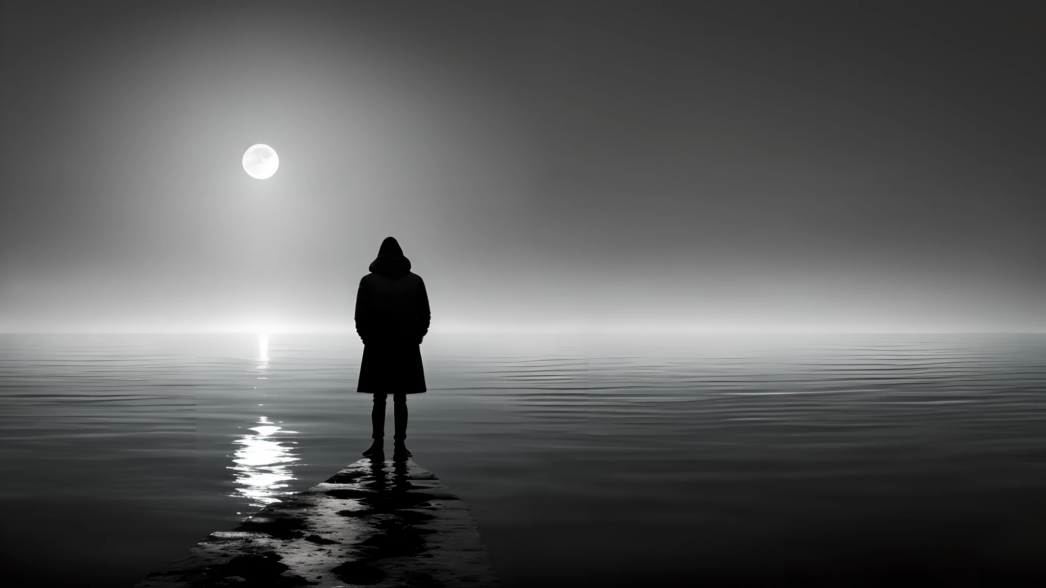 monochromatic [color] portrait of [subject] standing on water near the moon | futuristic minimalism | flattened perspective | misty atmosphere | panoramic scale; passage muted tones | surrealism | horizons
