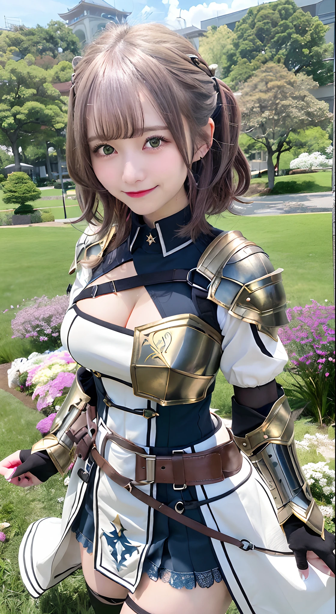 Arnoel, Medium Hair, Green eyes, shairband, Blue collar, Shoulder Armor, cleavage, mole in breast, Armored dress, Chest belt, gold trim, Fingerless gloves, Black Gloves, brown belt, pelvis curtain, black thighhighs,Watch the smiles on your viewers' faces、grass field、A smile、japanes