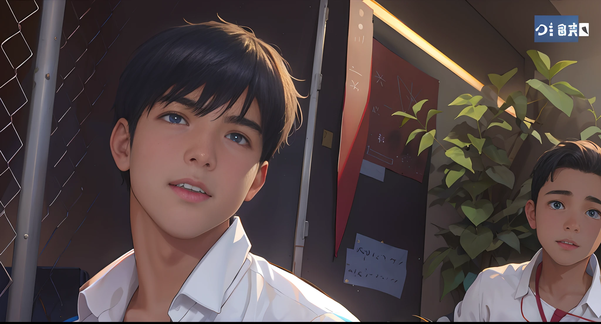 dos jovenes ho,Bre are in the high school classroom, A child tells a story to the other . mientras le brillan los ojos de color azul su cabello tambien es de color azul